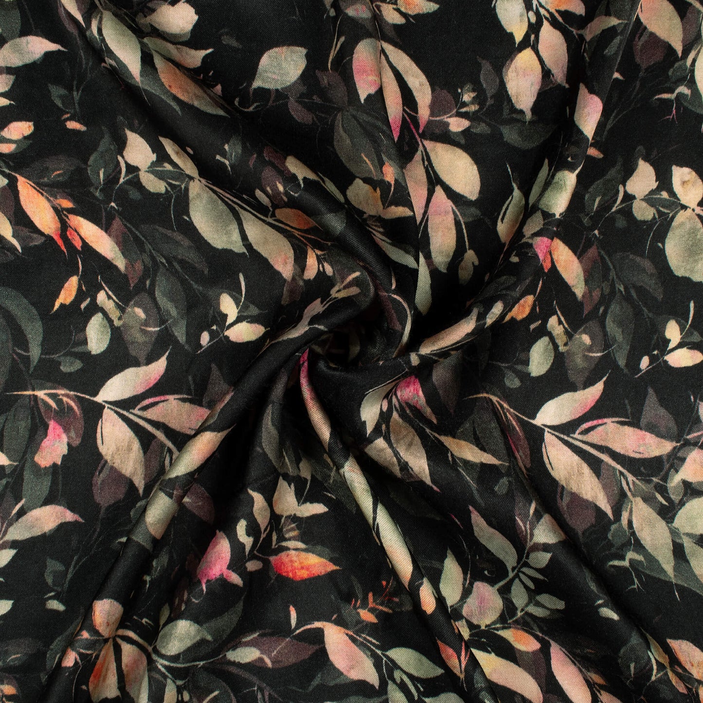 Georgeus Black Leaf Digital Print Viscose Gaji Silk Fabric