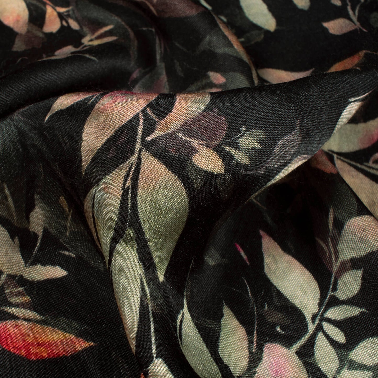 Georgeus Black Leaf Digital Print Viscose Gaji Silk Fabric