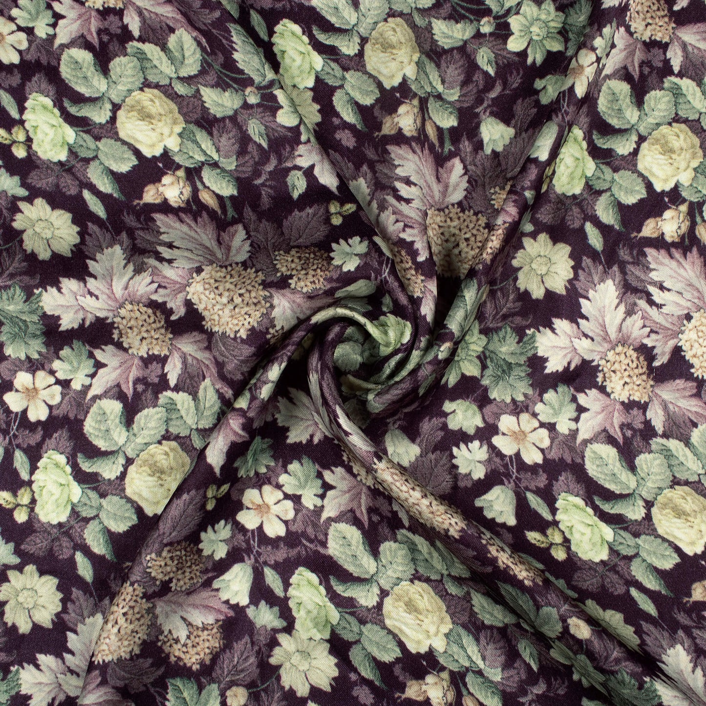 Eggplant Purple And Beige Floral Digital Print Viscose Gaji Silk Fabric