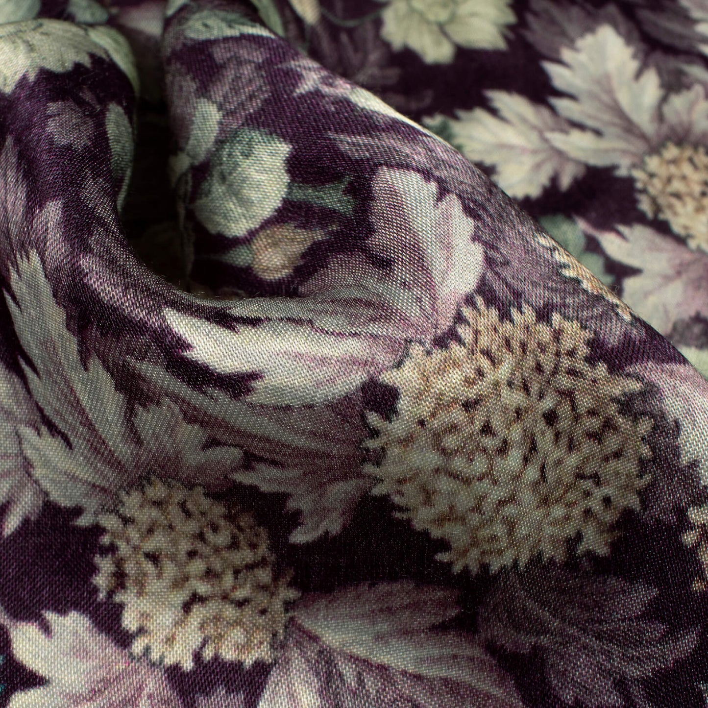 Eggplant Purple And Beige Floral Digital Print Viscose Gaji Silk Fabric