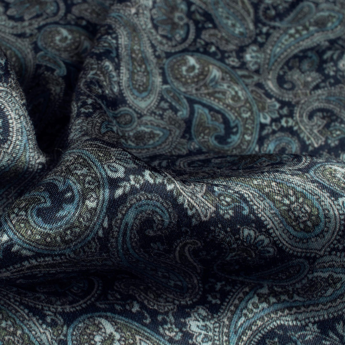 Navy Blue And Green Paisely Digital Print Viscose Gaji Silk Fabric