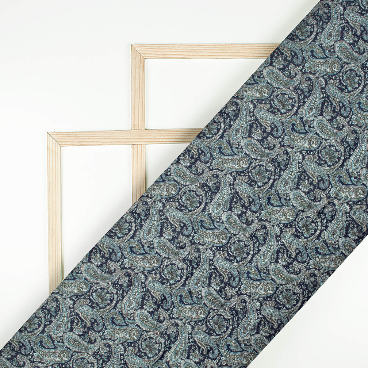 Navy Blue And Green Paisely Digital Print Viscose Gaji Silk Fabric