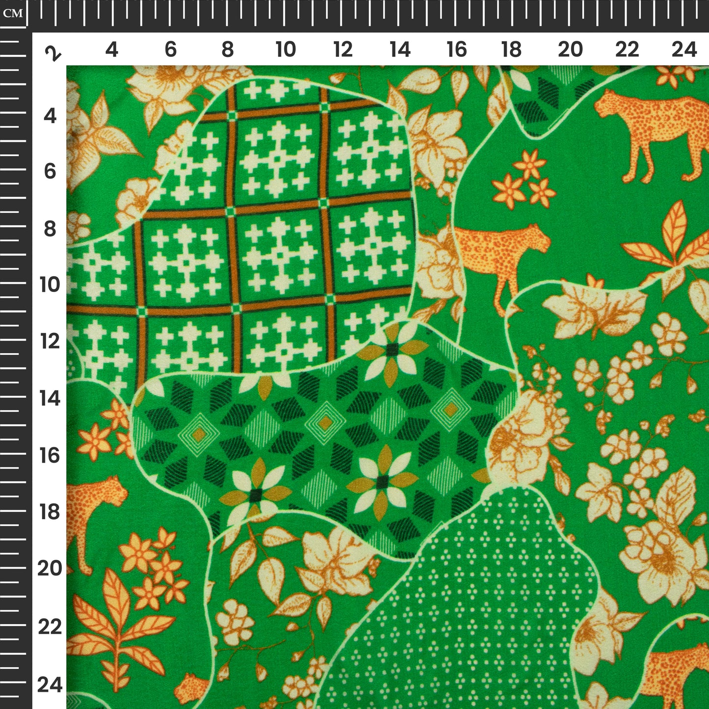 Off-White And Green Geometric Digital Print Viscose Natural Crepe Fabric