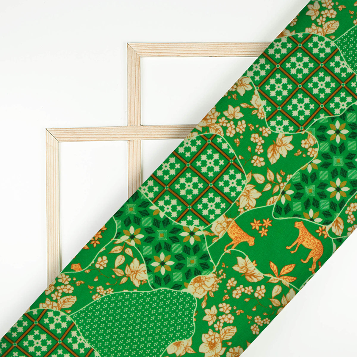 Off-White And Green Geometric Digital Print Viscose Natural Crepe Fabric