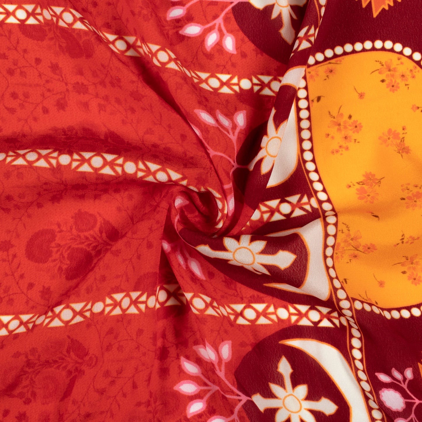 Rust Orange And Yellow Daman Digital Print Viscose Natural Crepe Fabric