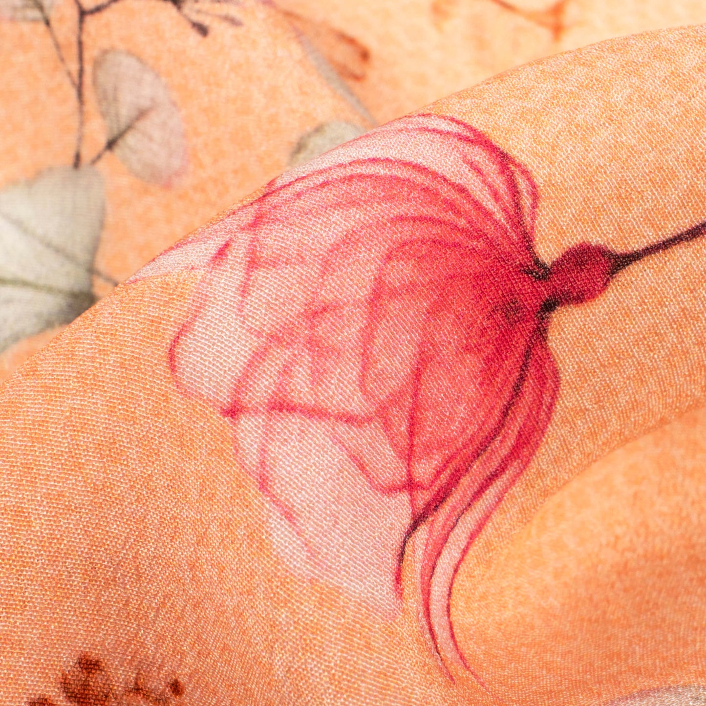 Pale Orange And Pink Floral Digital Print Viscose Natural Crepe Fabric