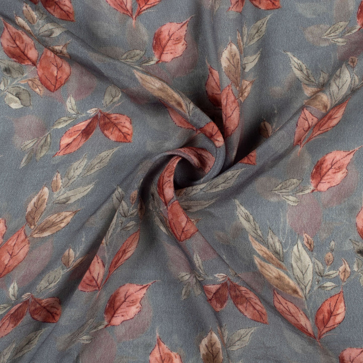 Slate Blue And Brown Leaf Digital Print Viscose Natural Crepe Fabric