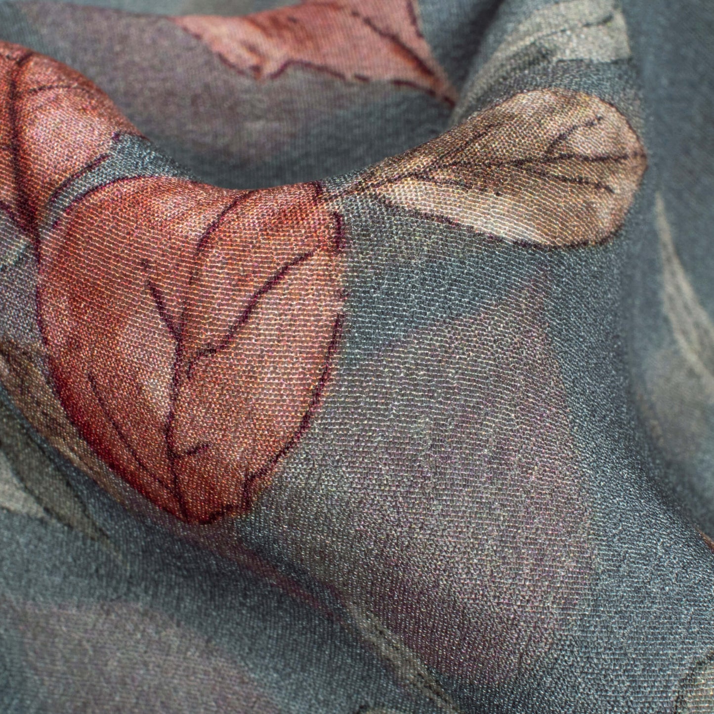 Slate Blue And Brown Leaf Digital Print Viscose Natural Crepe Fabric