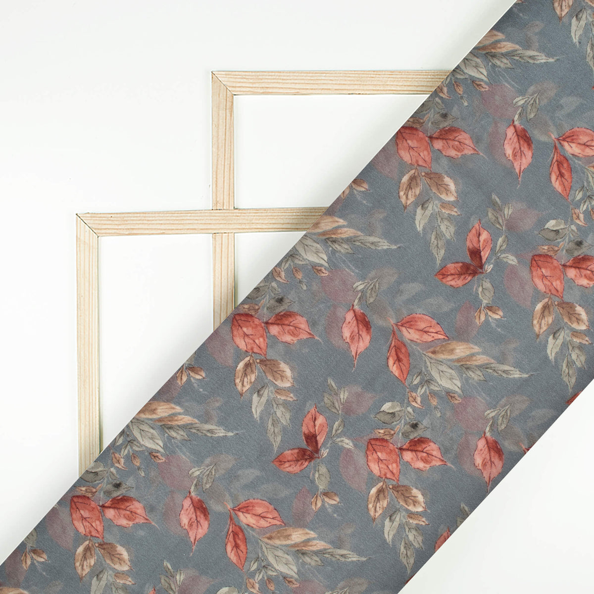 Slate Blue And Brown Leaf Digital Print Viscose Natural Crepe Fabric