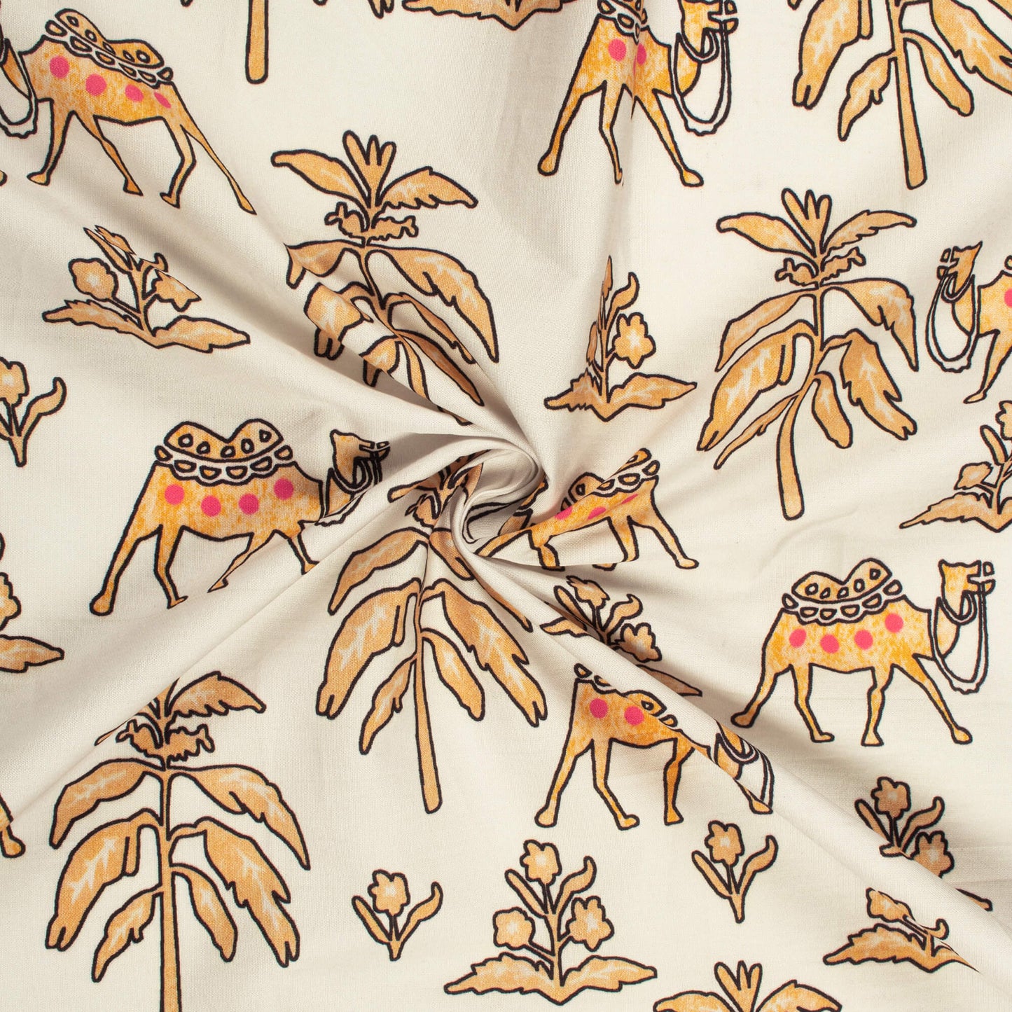 Flaxen Yellow And White Quirky Digital Print Poplin Fabric (Width 58 Inches)