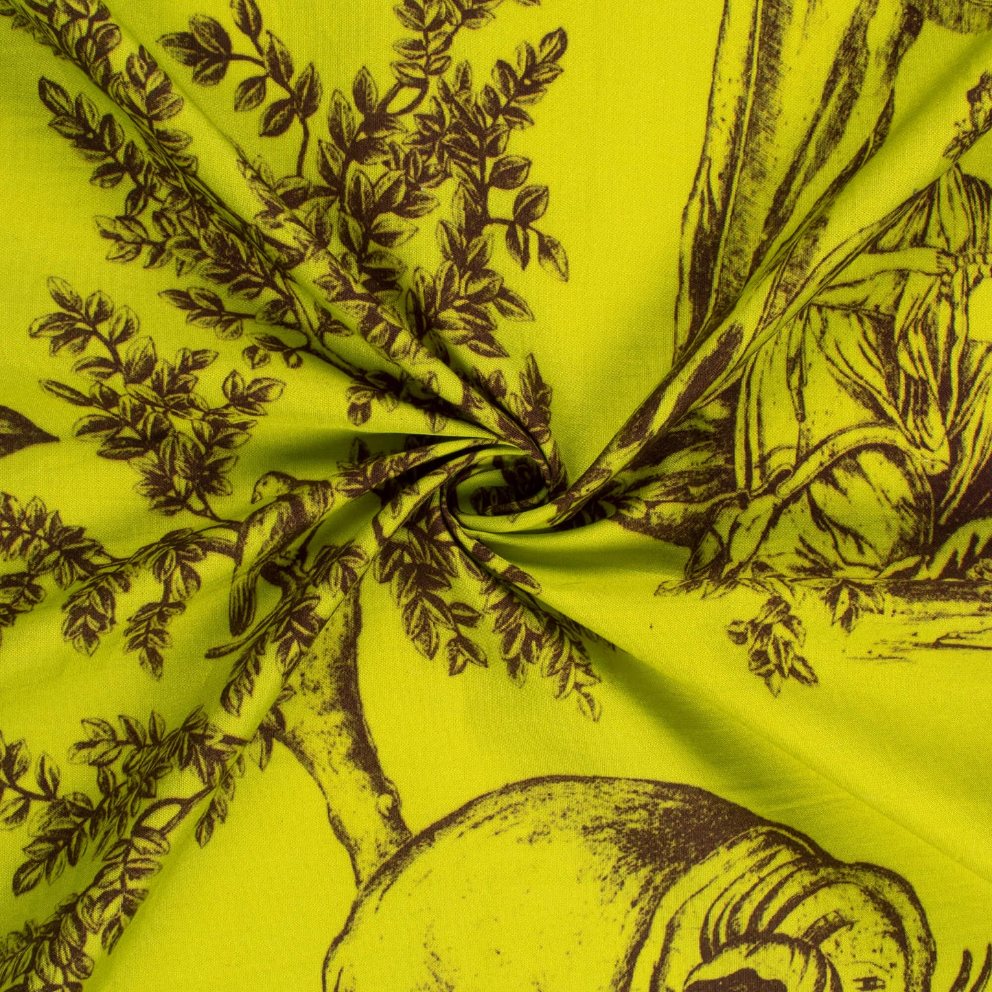 Pear Green And Brown Tropical Digital Print Poplin Fabric (Width 58 Inches)