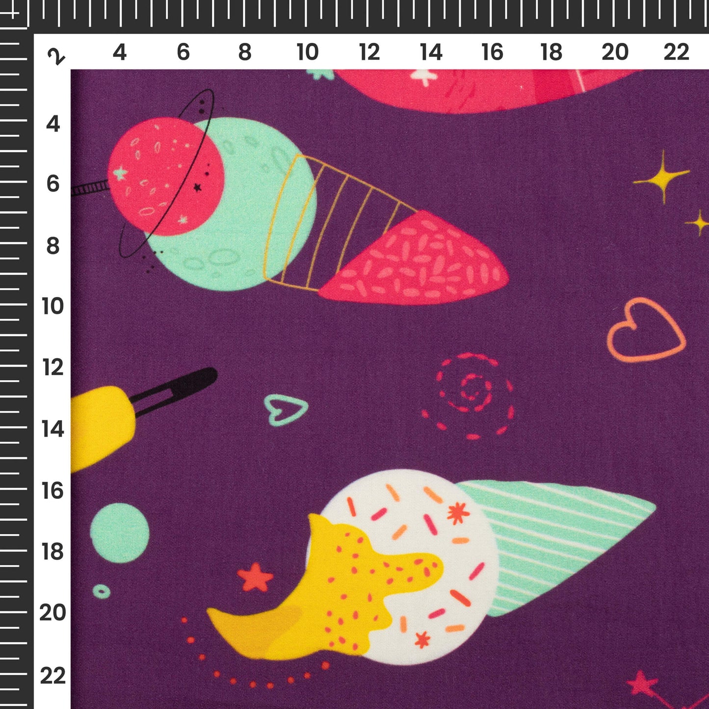 Grape Purple And Yellow Quirky Digital Print Poplin Fabric (Width 58 Inches)
