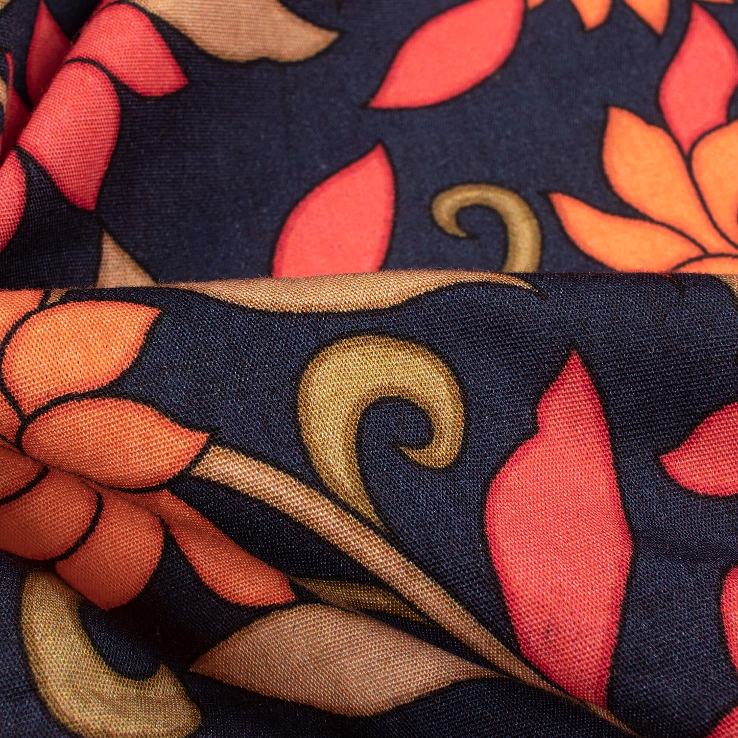 Oxford Blue And Peach Floral Digital Print Poplin Fabric (Width 58 Inches)