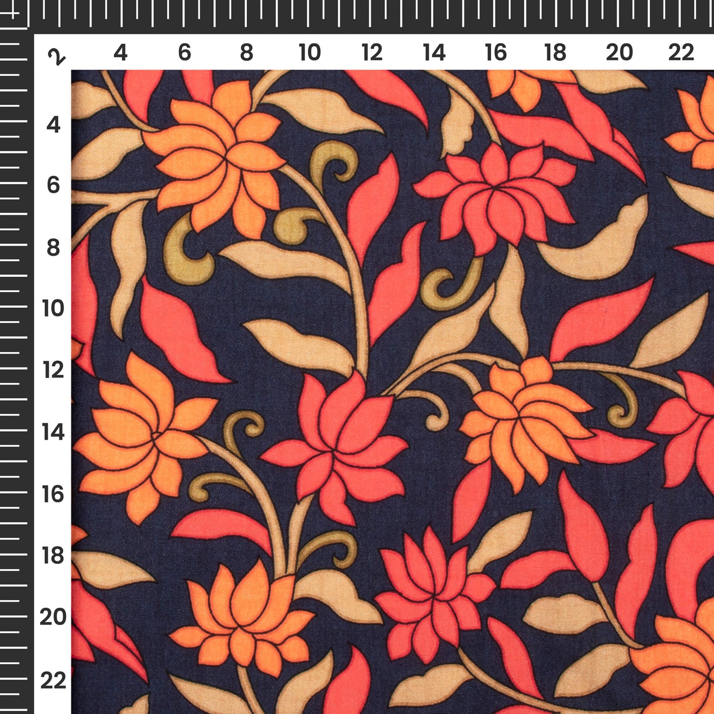 Oxford Blue And Peach Floral Digital Print Poplin Fabric (Width 58 Inches)