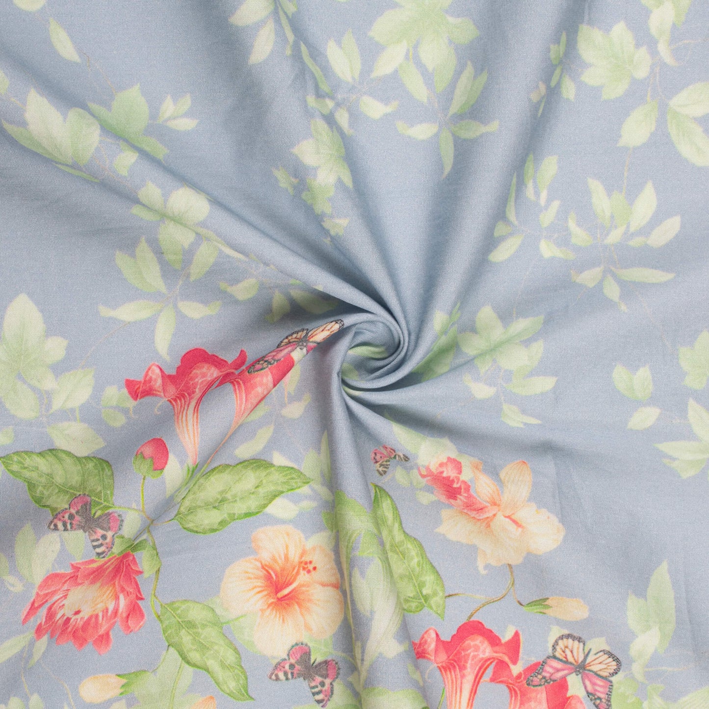 Ice Blue And Green Floral Digital Print Poplin Fabric (Width 58 Inches)