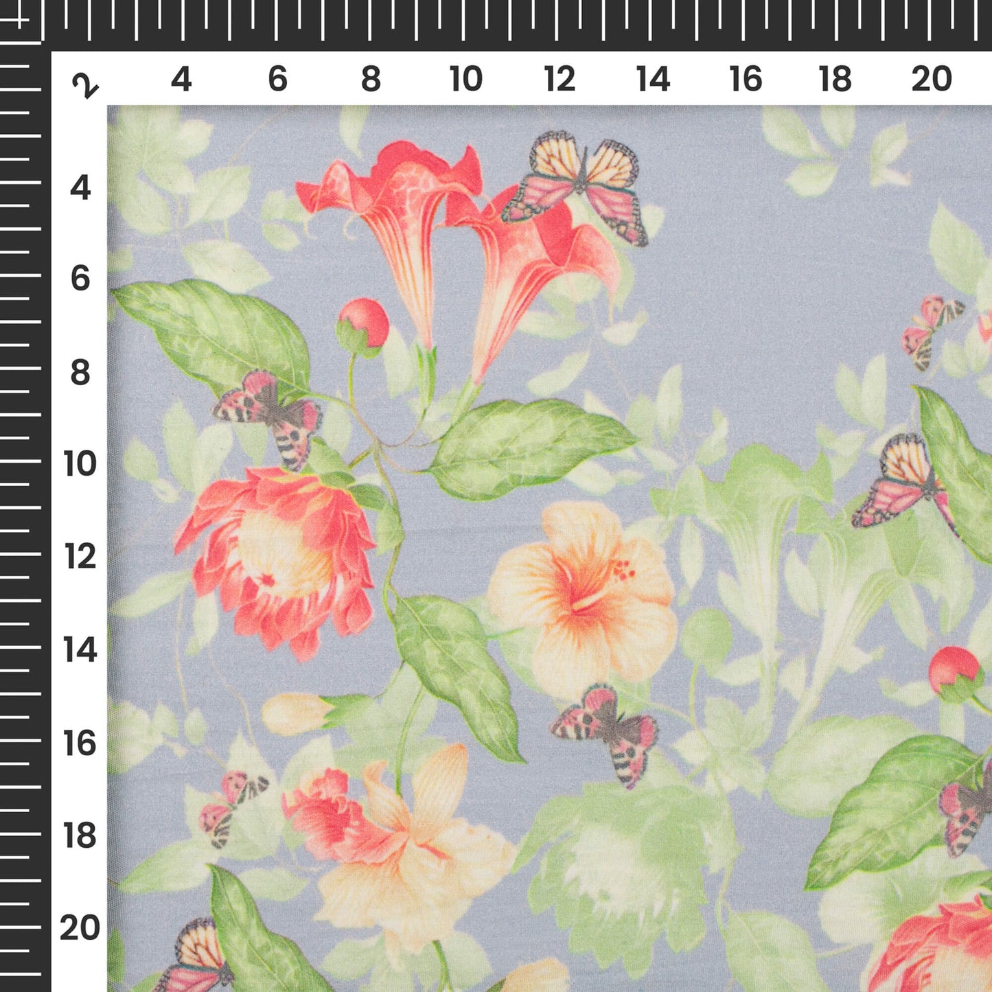 Ice Blue And Green Floral Digital Print Poplin Fabric (Width 58 Inches)