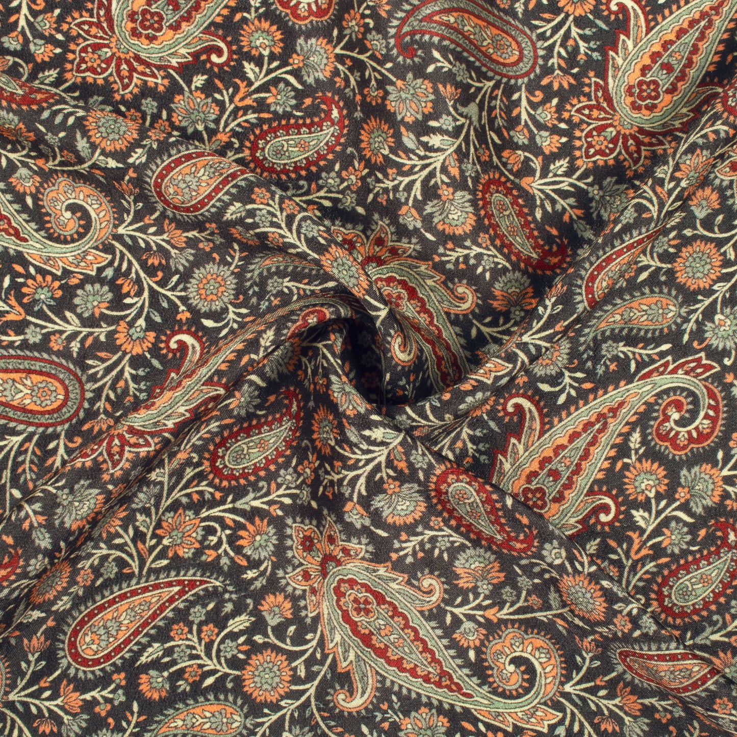 Sage Green And Black Paisely Digital Print Bemberg Raw Silk Fabric