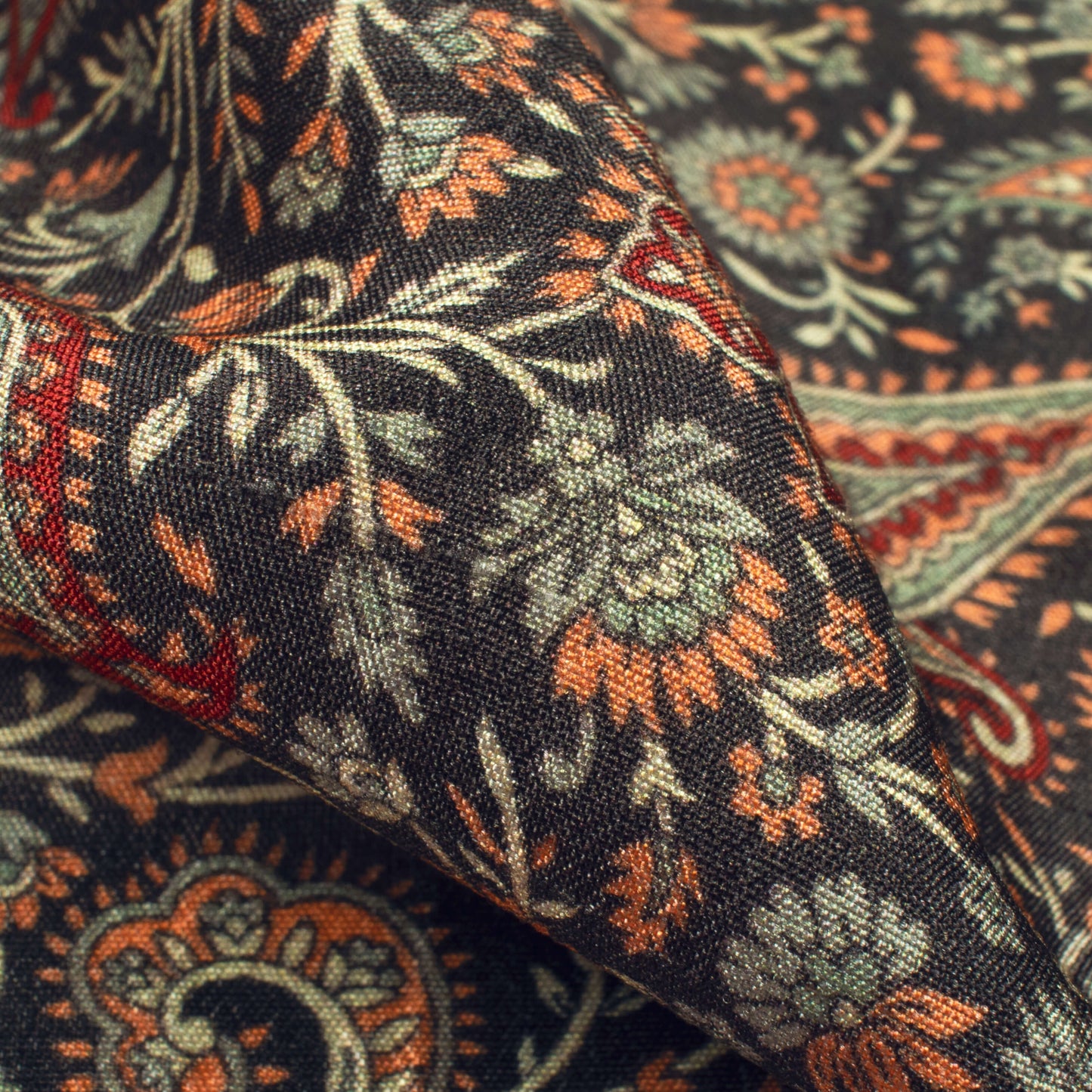 Sage Green And Black Paisely Digital Print Bemberg Raw Silk Fabric