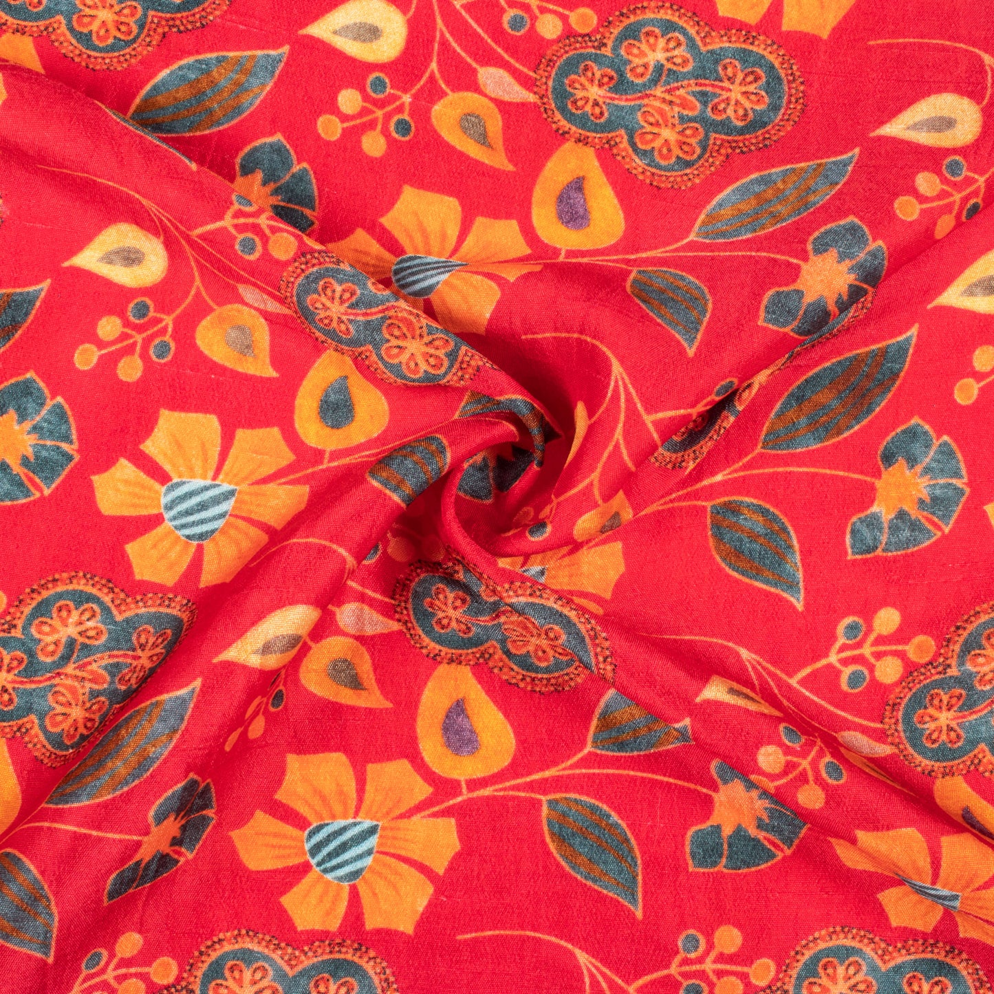 Crimson Red And Orange Floral Digital Print Bemberg Raw Silk Fabric