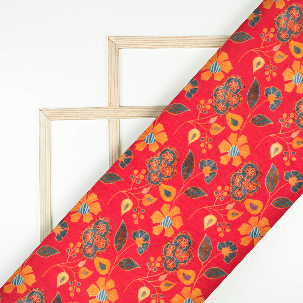 Crimson Red And Orange Floral Digital Print Bemberg Raw Silk Fabric