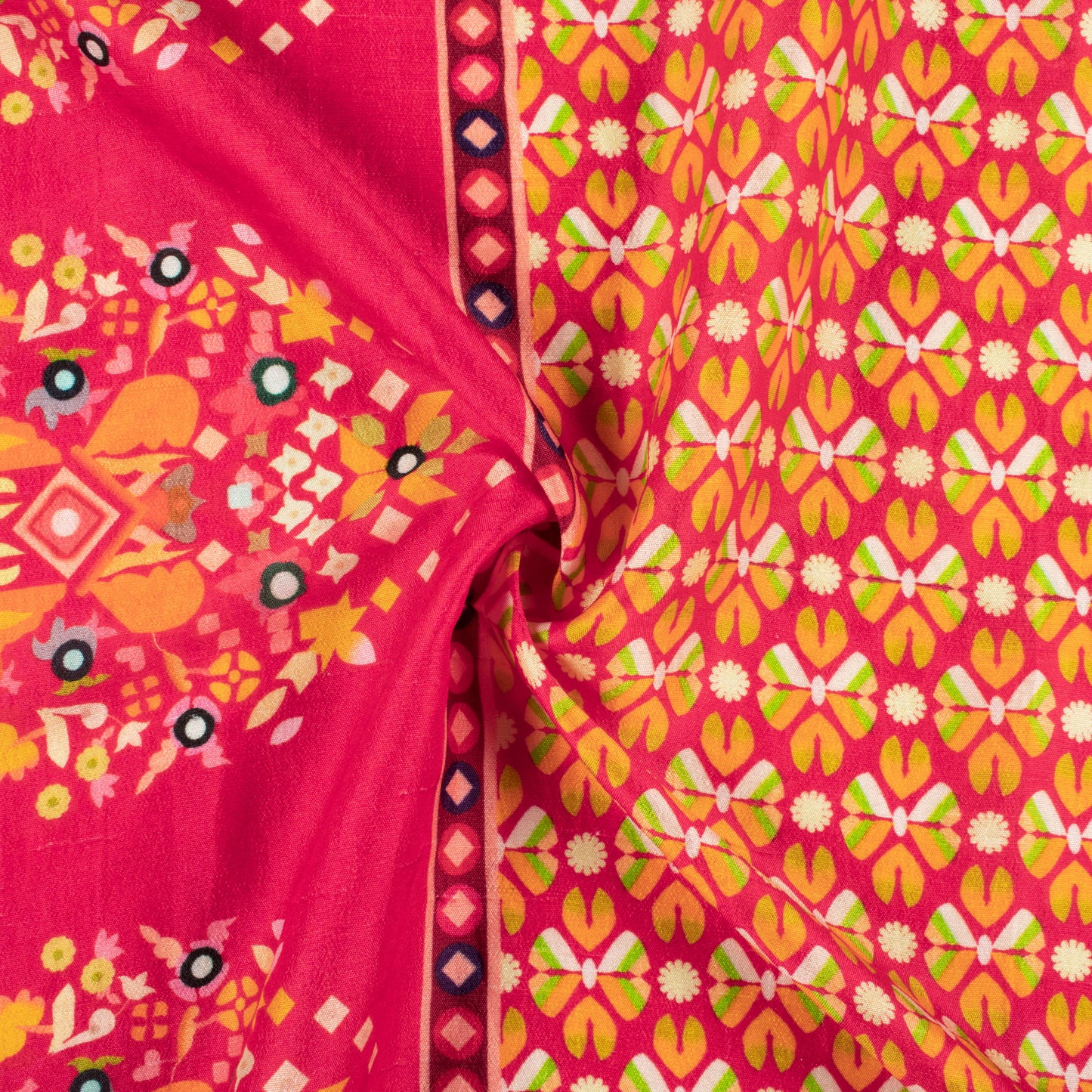 Dark Pink And Yellow Patolaa Digital Print Bemberg Raw Silk Fabric
