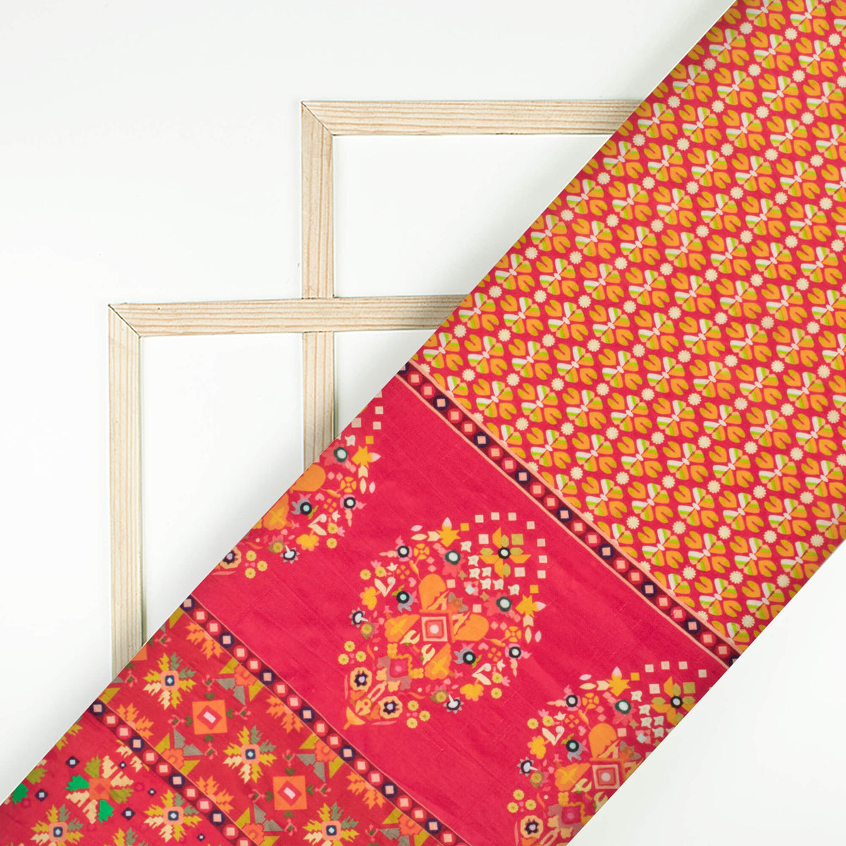 Dark Pink And Yellow Patolaa Digital Print Bemberg Raw Silk Fabric