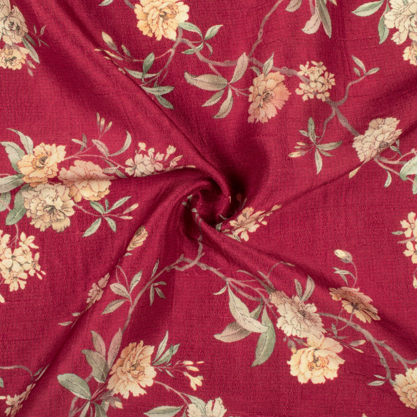 Wine Red And Beige Floral Digital Print Bemberg Raw Silk Fabric