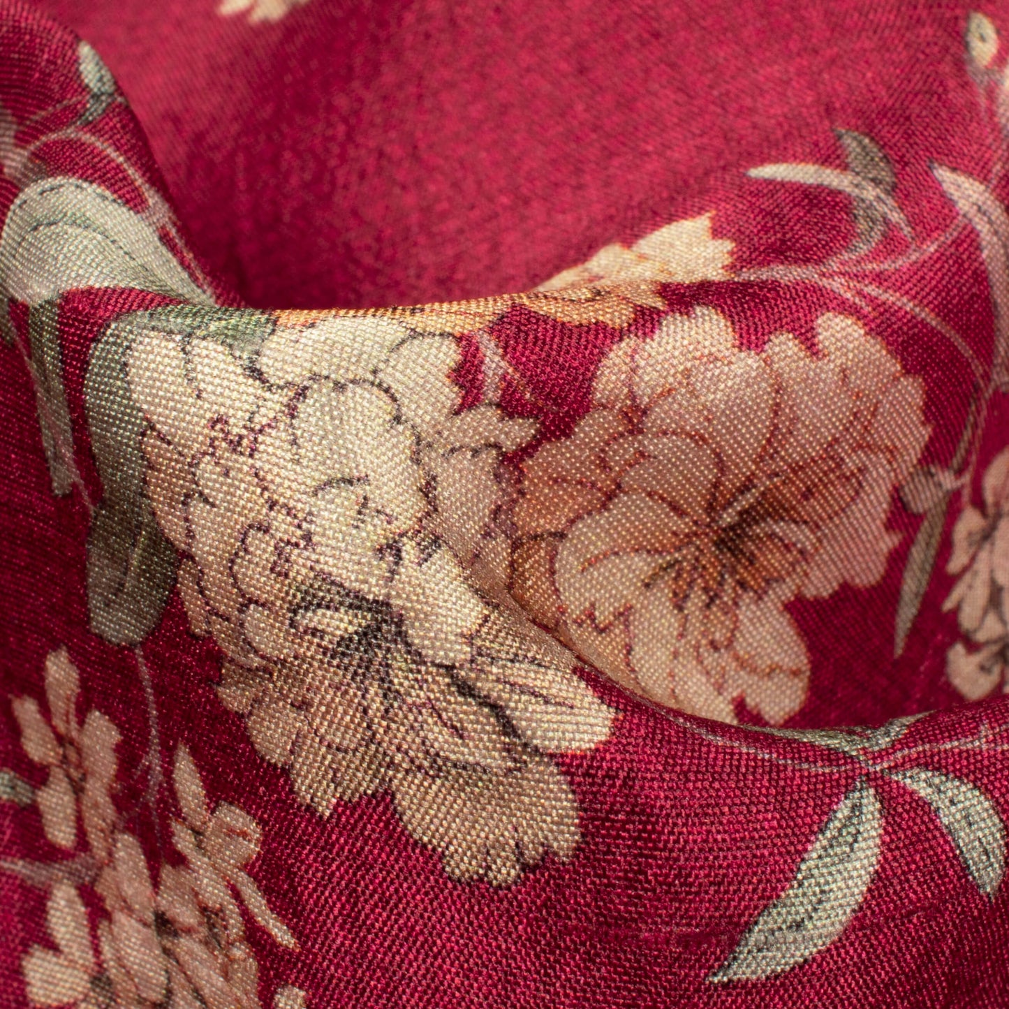 Wine Red And Beige Floral Digital Print Bemberg Raw Silk Fabric
