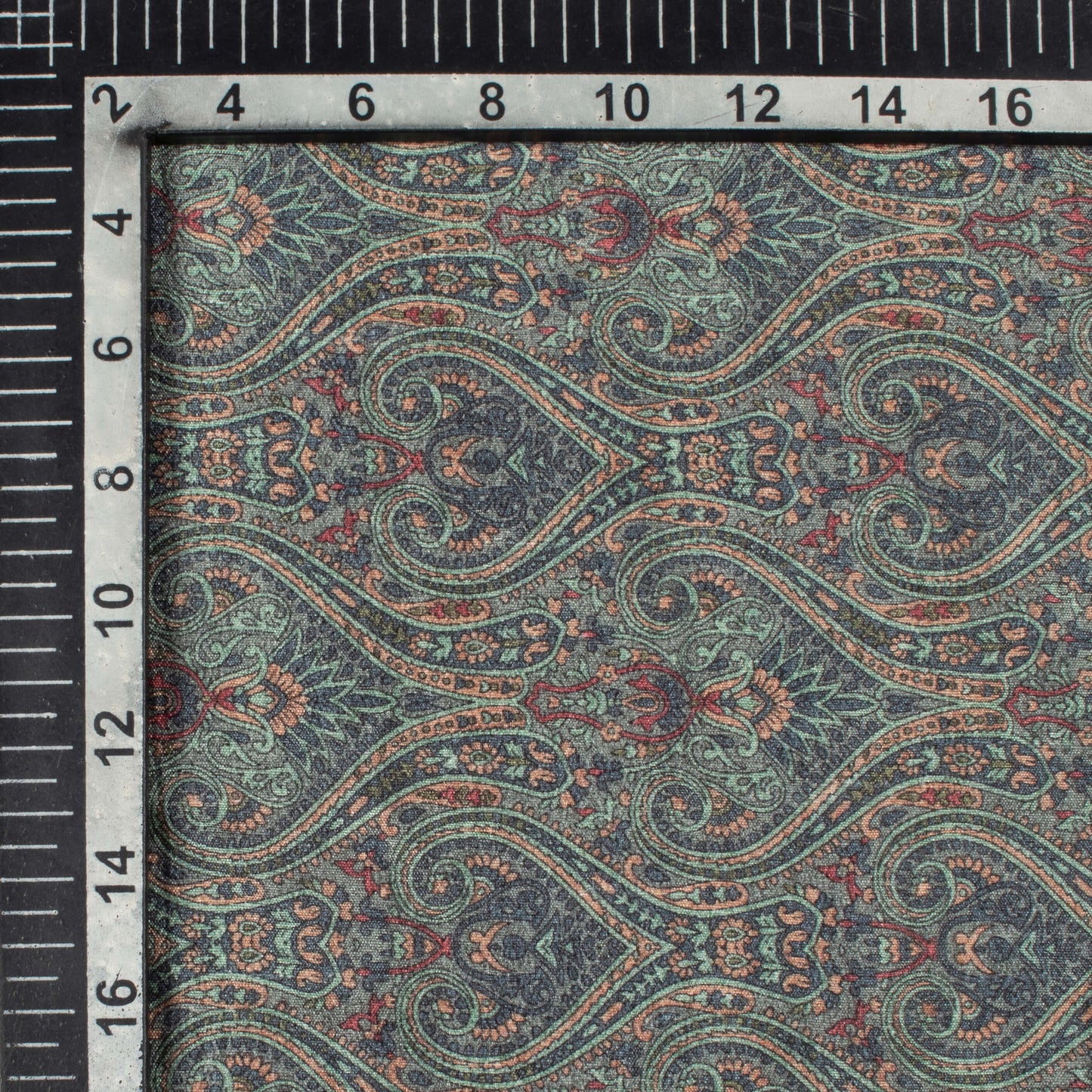 Teal Green And Blue Ethnic Digital Print Bemberg Raw Silk Fabric
