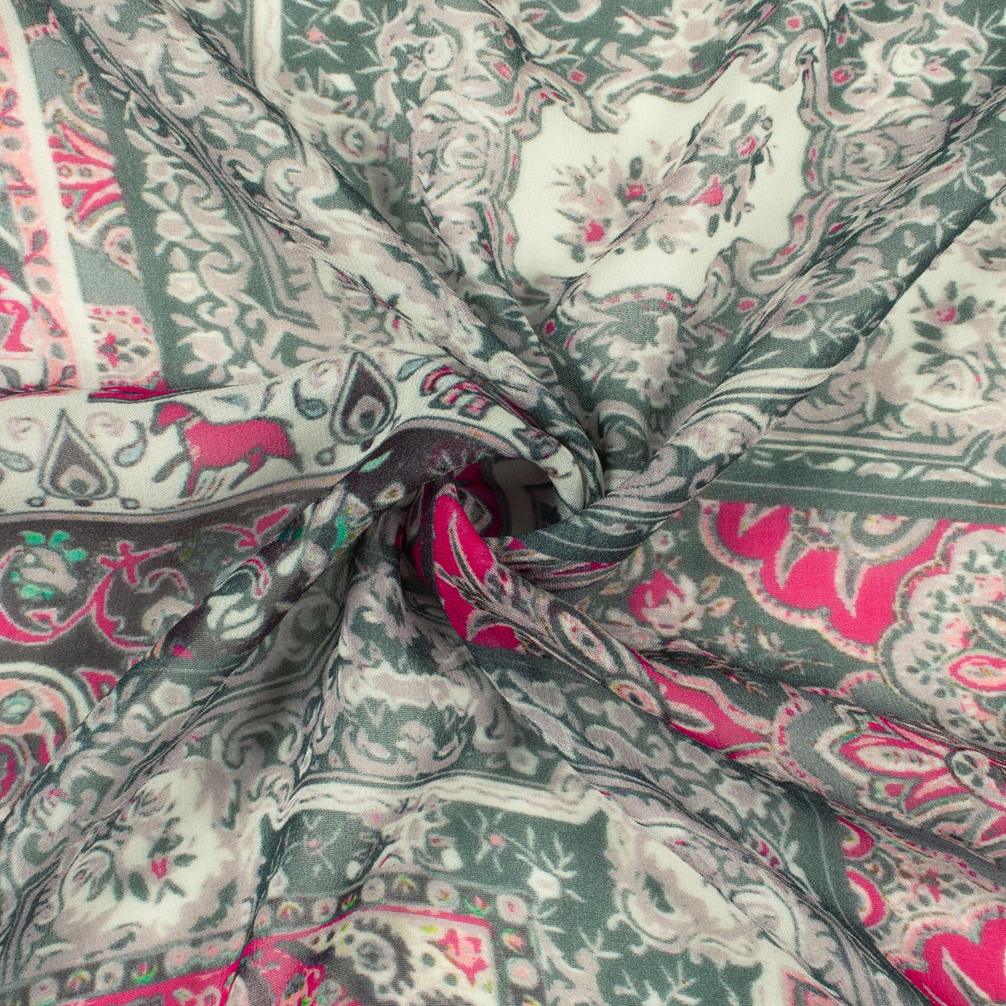 Ivory Cream And Pink Traditional Digital Print Pure Georgette Fabric