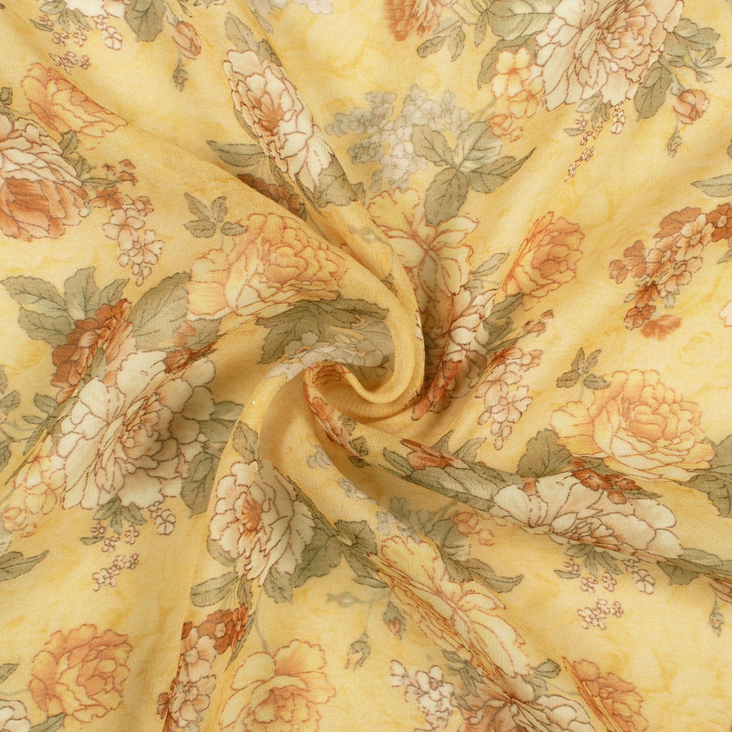 Flax Yellow And Brown Floral Digital Print Pure Georgette Fabric