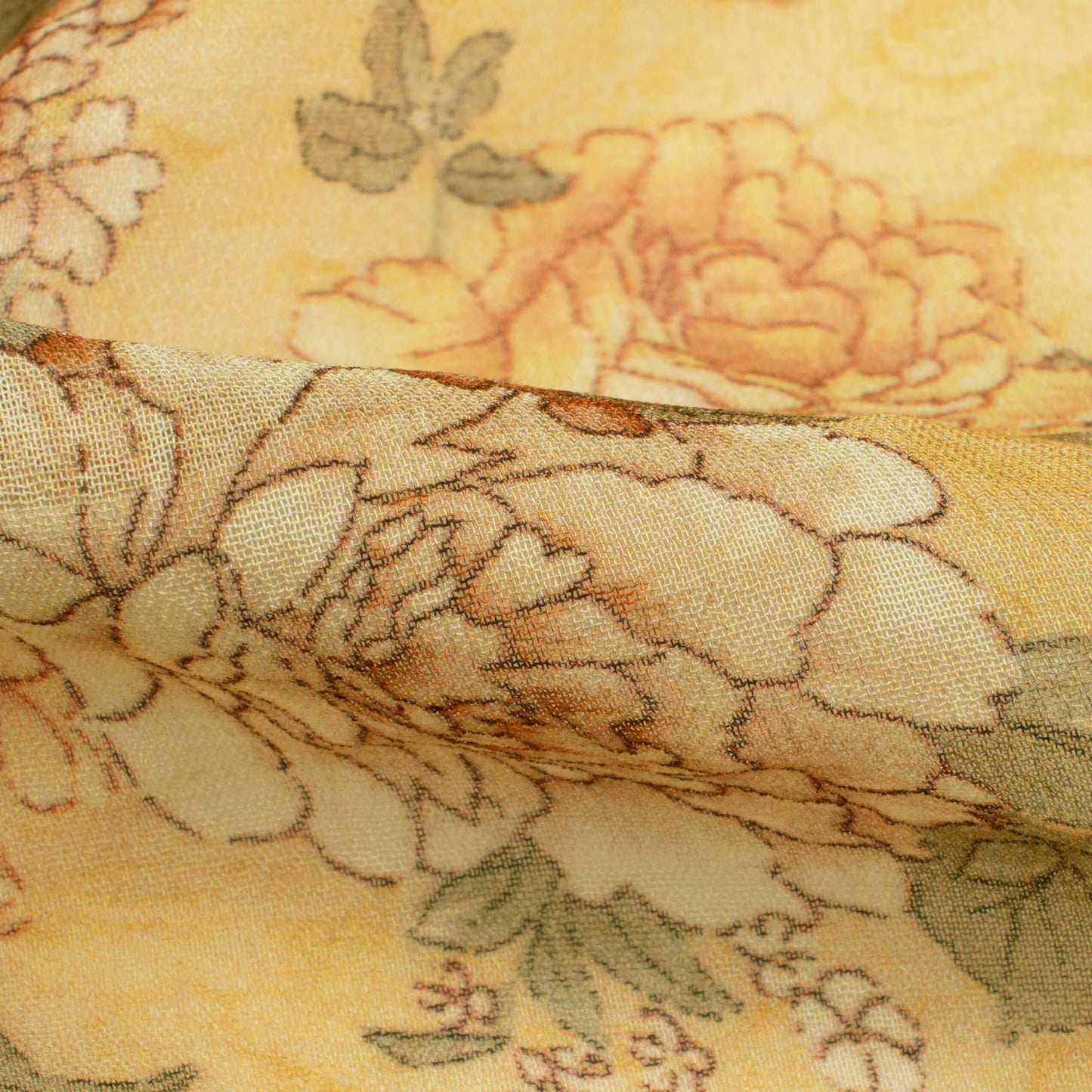 Flax Yellow And Brown Floral Digital Print Pure Georgette Fabric