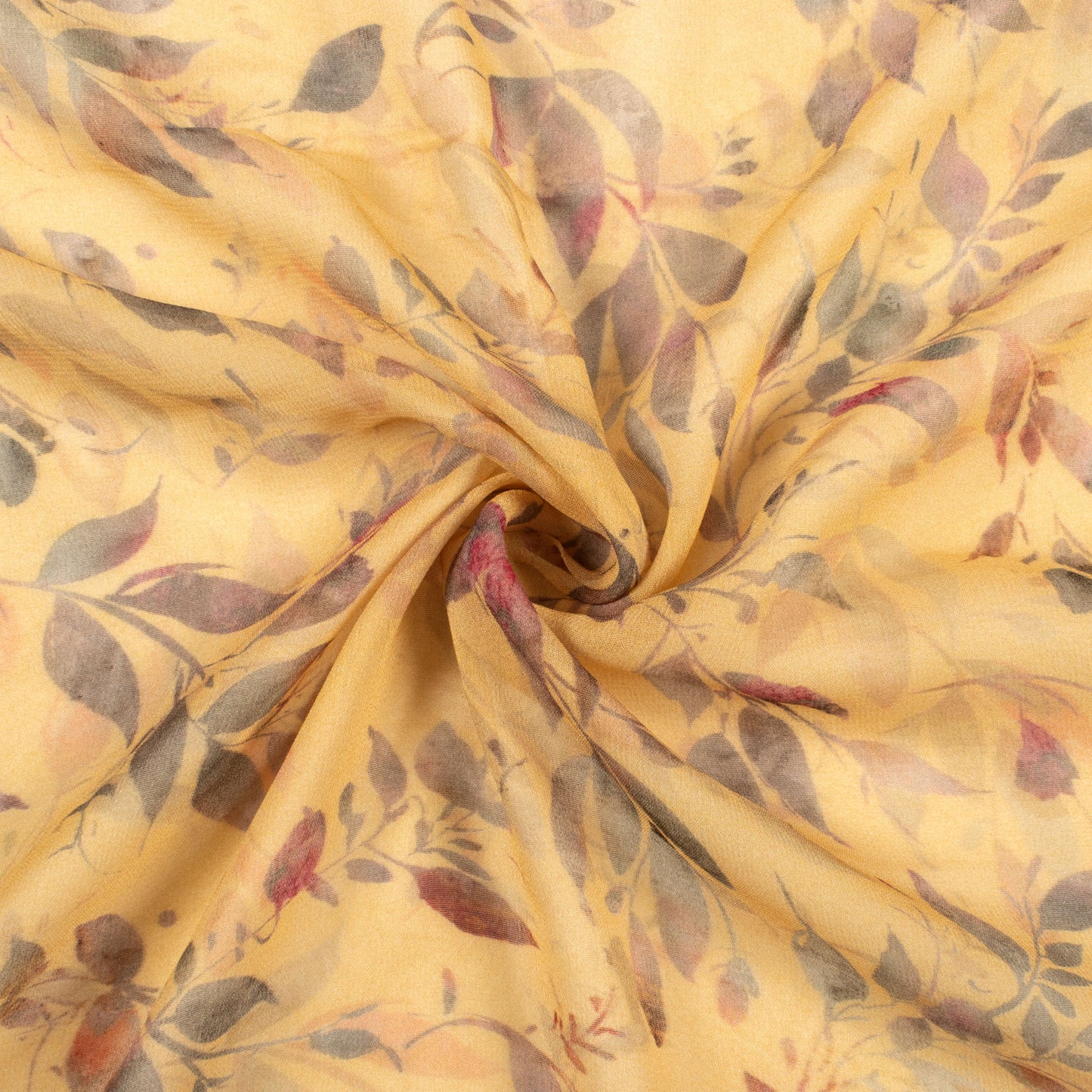 Flaxen Yellow And Green Leaf Digital Print Pure Georgette Fabric