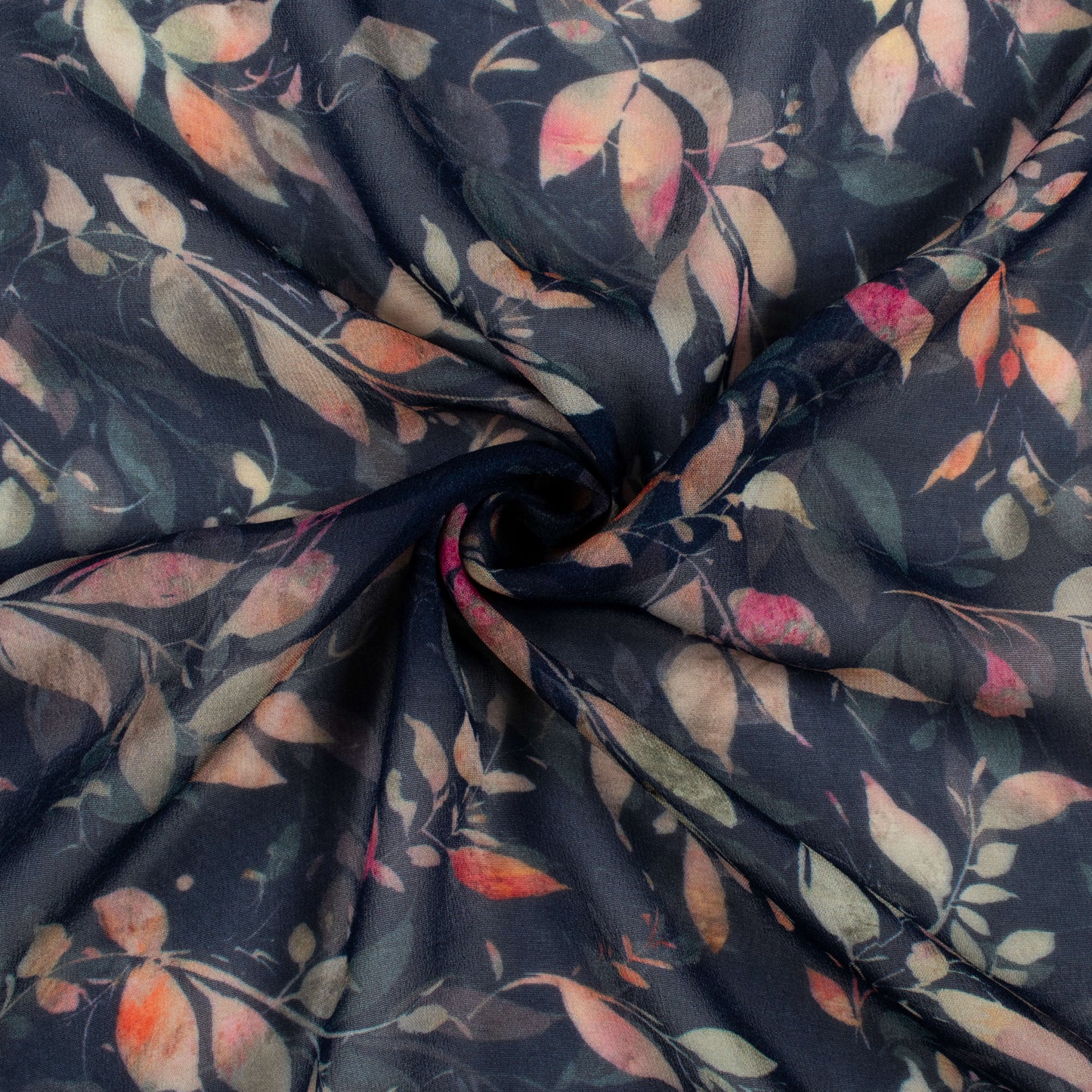 Navy Blue And Peach Leaf Digital Print Pure Georgette Fabric