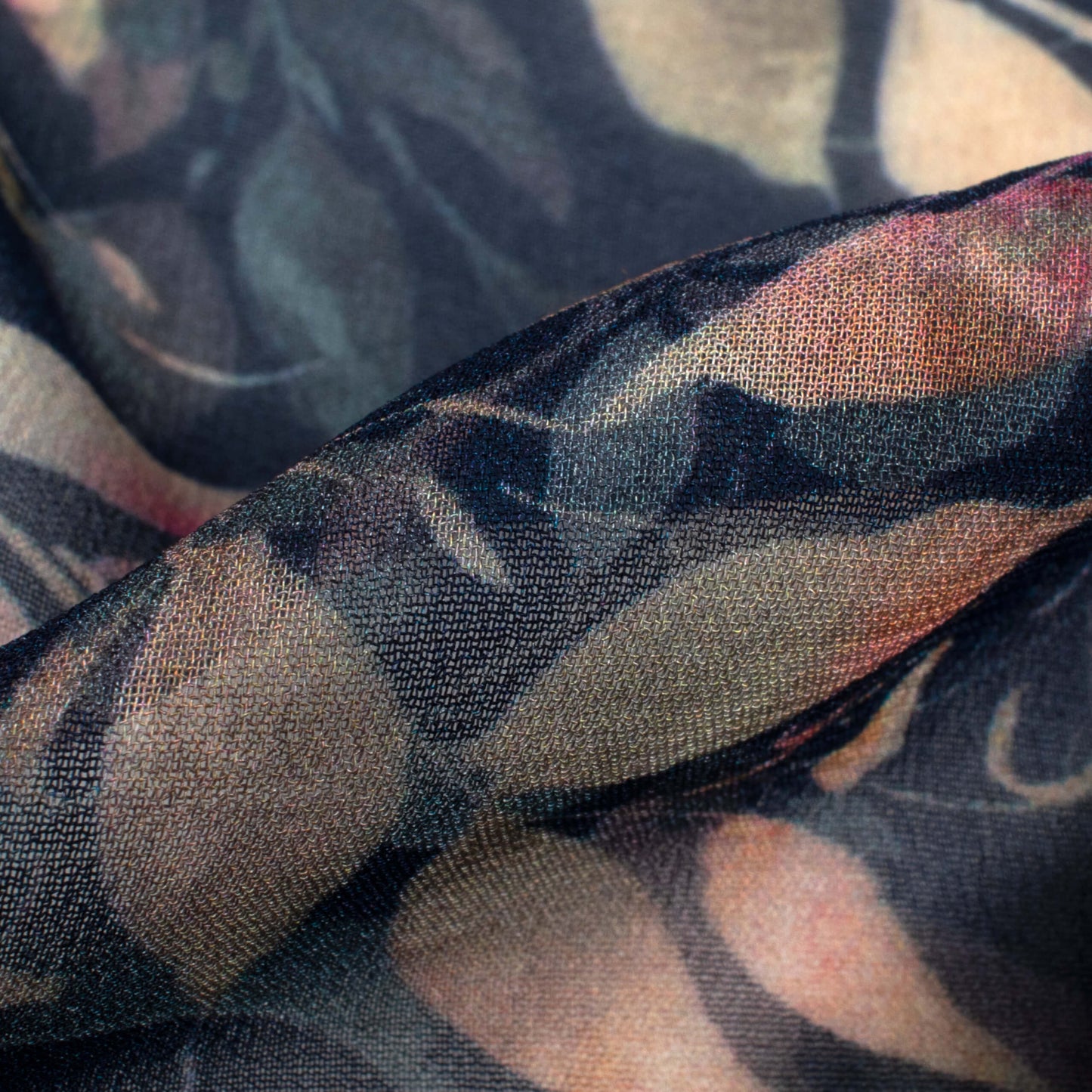 Navy Blue And Peach Leaf Digital Print Pure Georgette Fabric