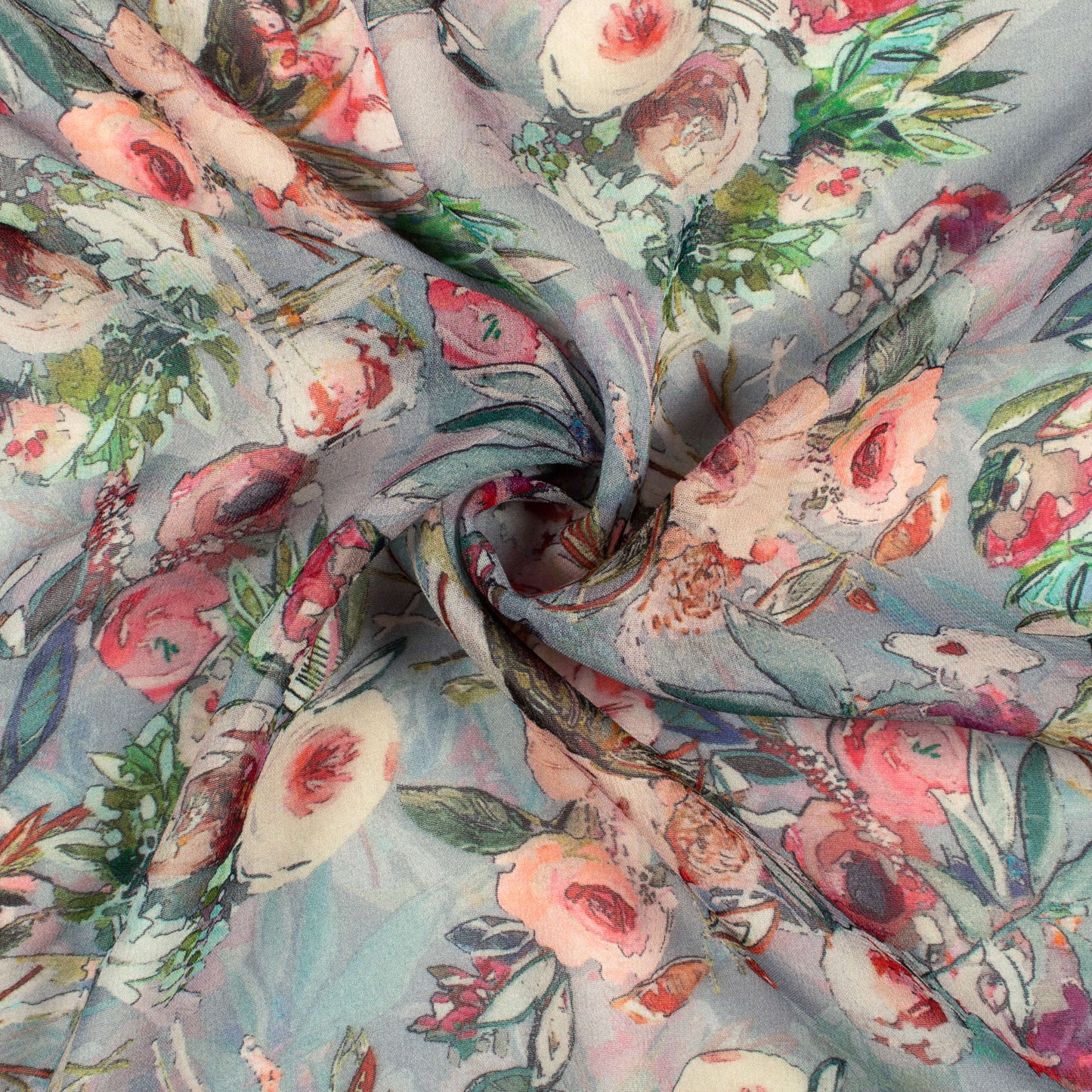 Sky Blue And Pink Floral Digital Print Pure Georgette Fabric