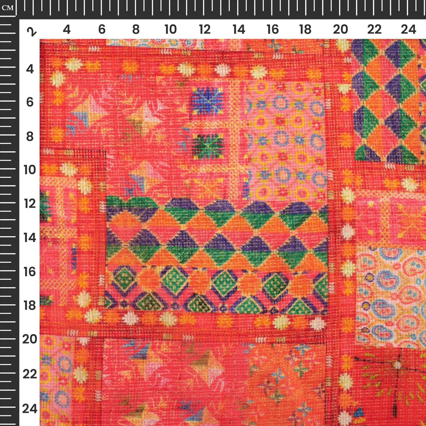 Exclusive Fire Orange And Green Geometric Digital Print Kota Doria Fabric