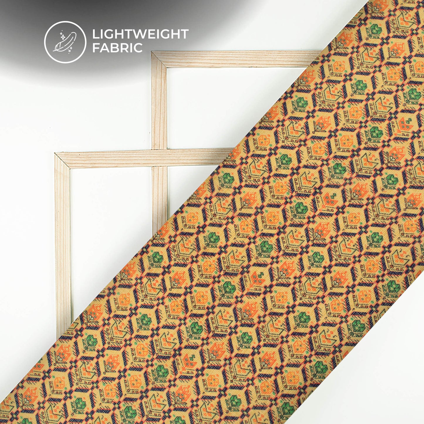 Exclusive Navy Blue And Orange Geometric Digital Print Kota Doria Fabric