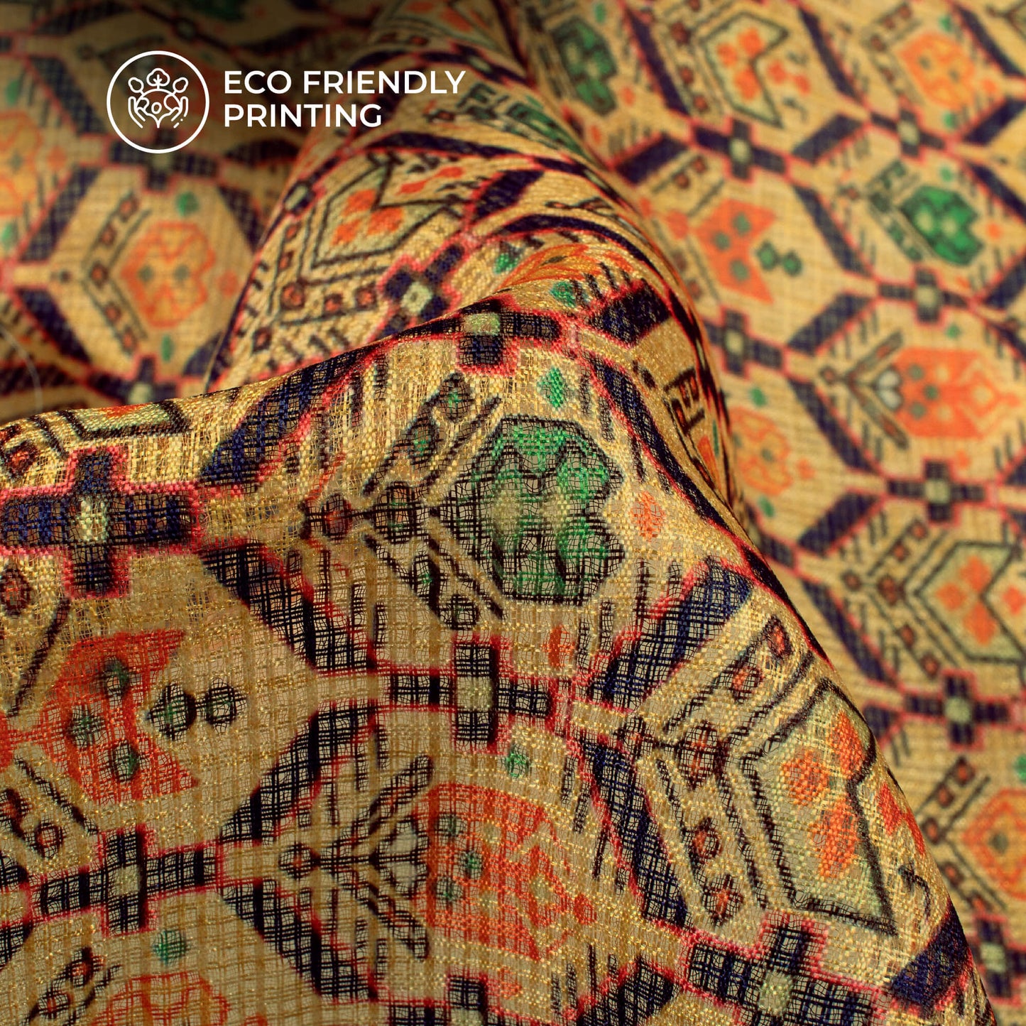 Exclusive Navy Blue And Orange Geometric Digital Print Kota Doria Fabric