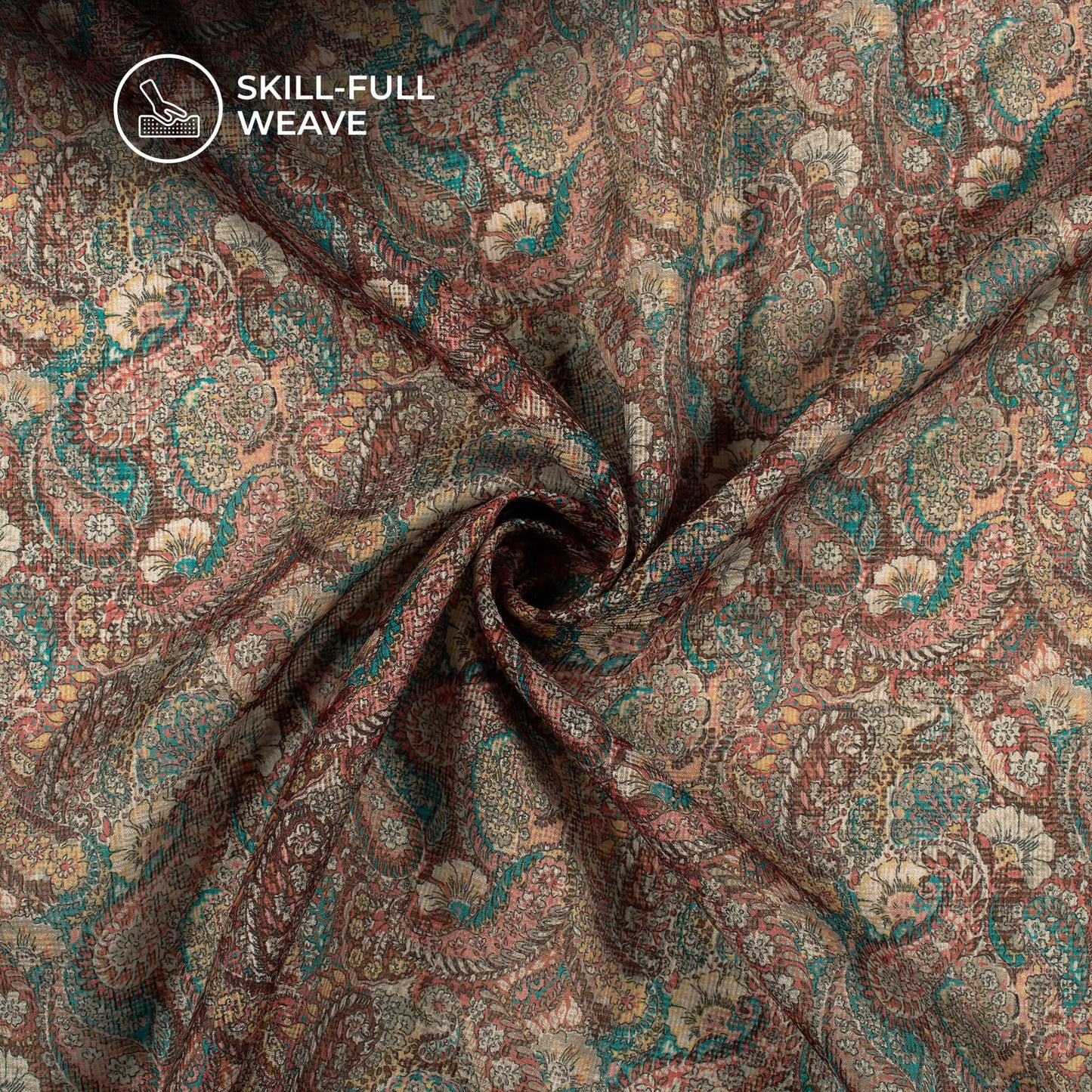 Exclusive Pine Green And Peach Paisley Digital Print Kota Doria Fabric