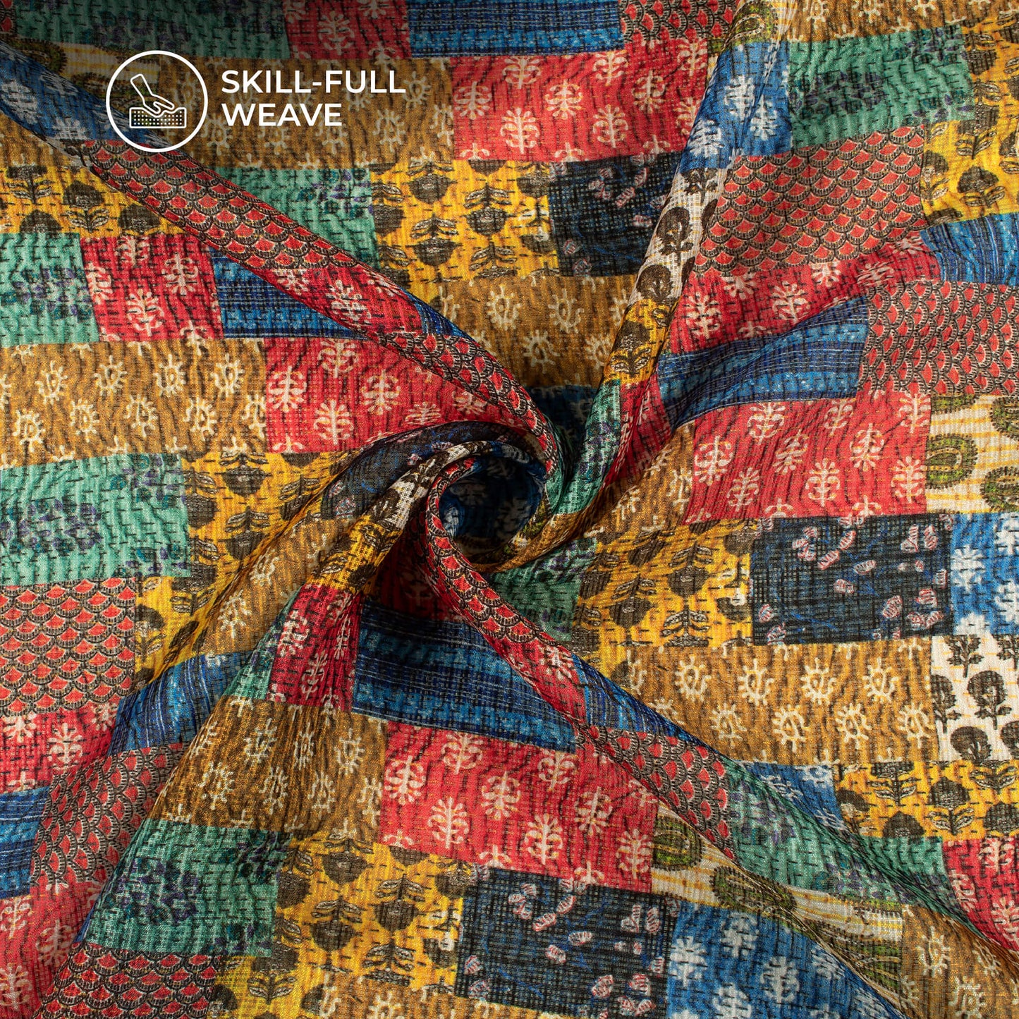 Exclusive Royal Blue And Red Patch Digital Print Kota Doria Fabric