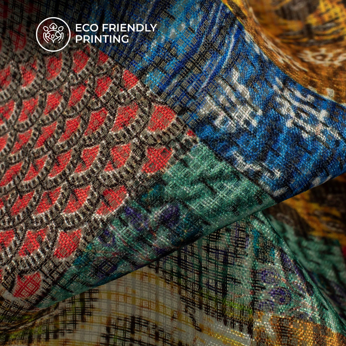 Exclusive Royal Blue And Red Patch Digital Print Kota Doria Fabric