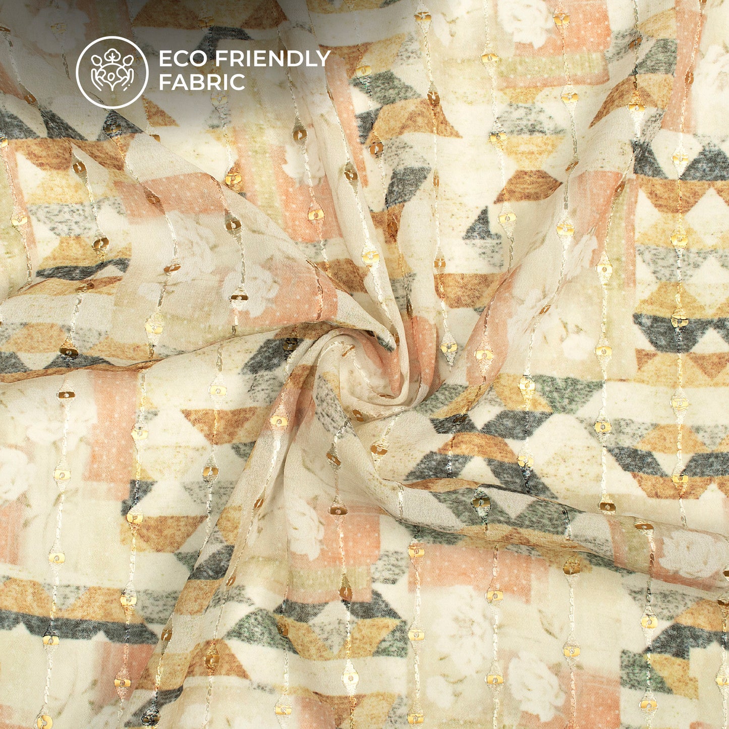 Beige And Yellow Abstract Digital Print Stripes Sequins Embroidery Georgette Fabric