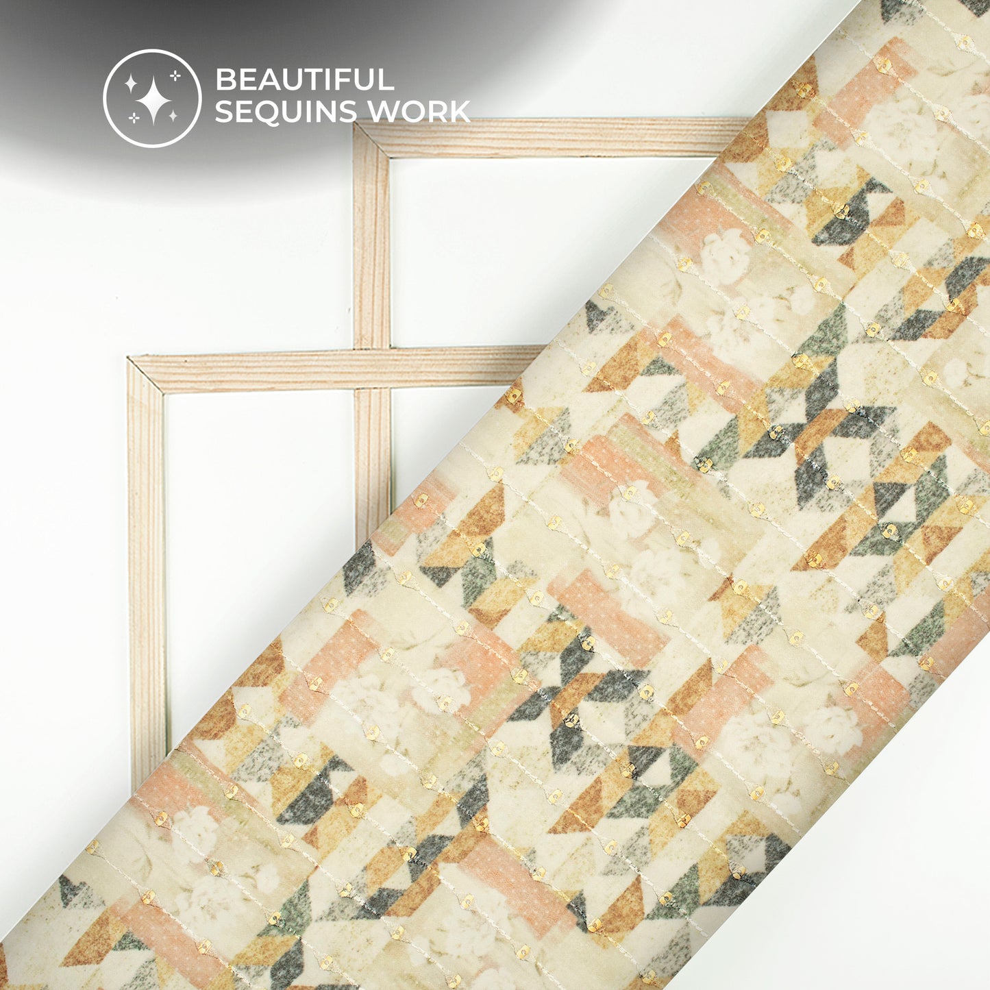 Beige And Yellow Abstract Digital Print Stripes Sequins Embroidery Georgette Fabric