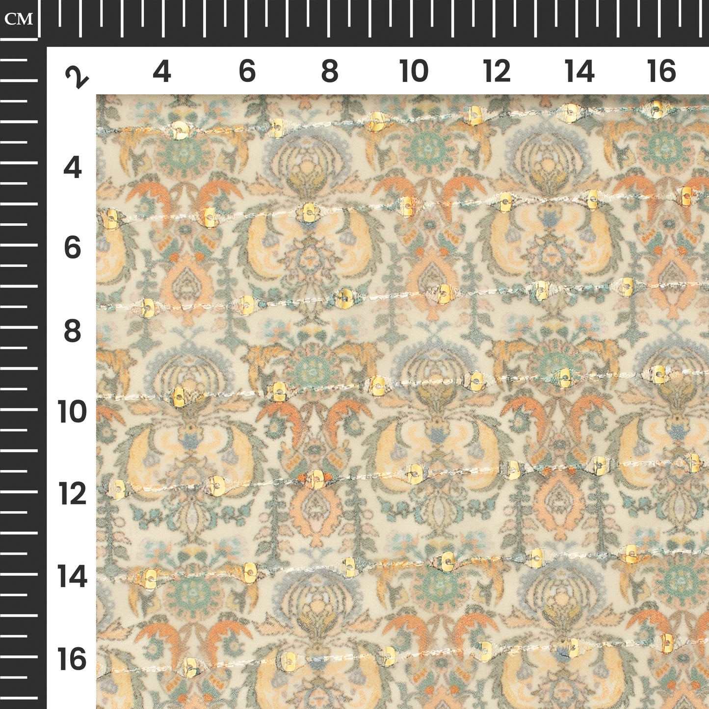 Light Orange And Cream Traditional Digital Print Stripes Sequins Embroidery Georgette Fabric