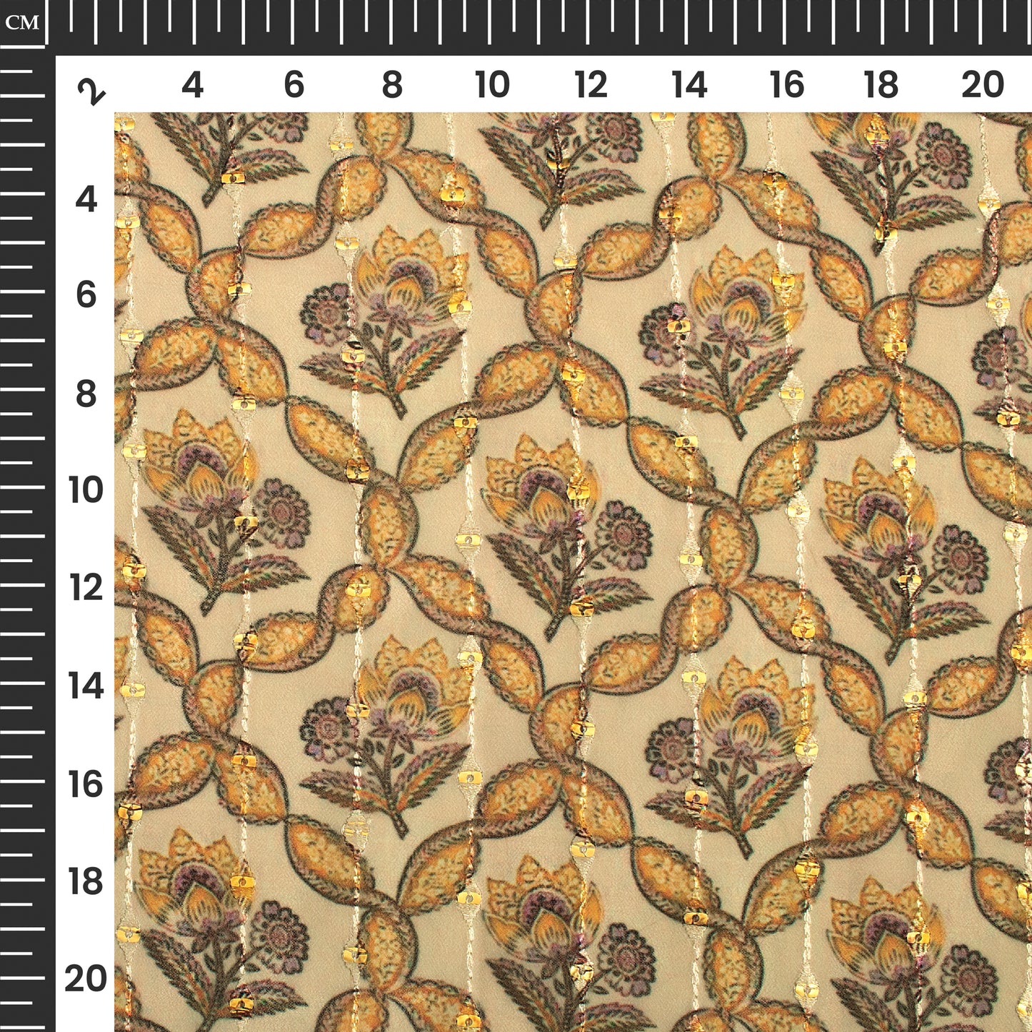 Camel Brown And Yellow Floral Digital Print Stripes Sequins Embroidery Georgette Fabric