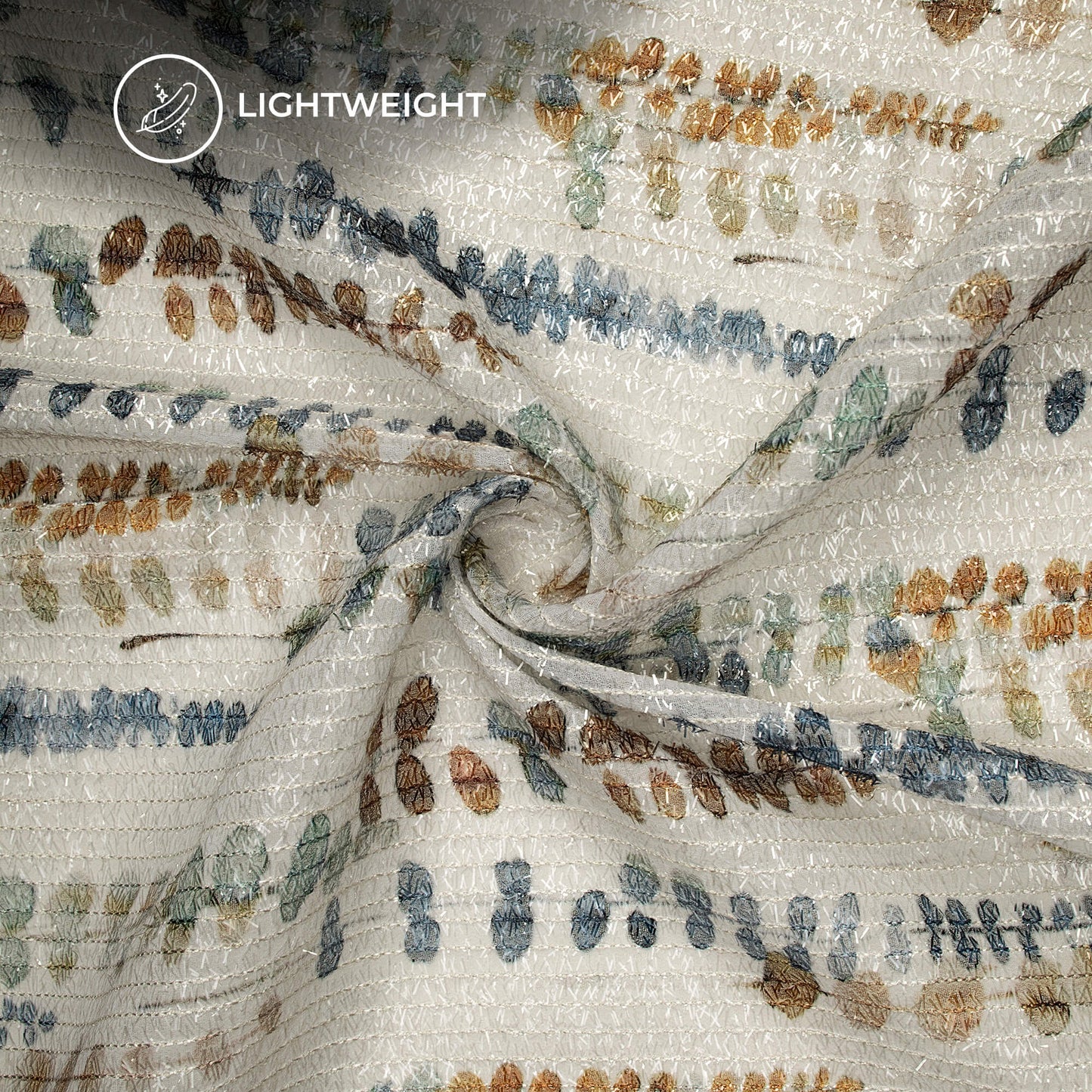 Steel Blue And Beige Leaf Digital Print Stripes Shimmer Embroidery Georgette Fabric