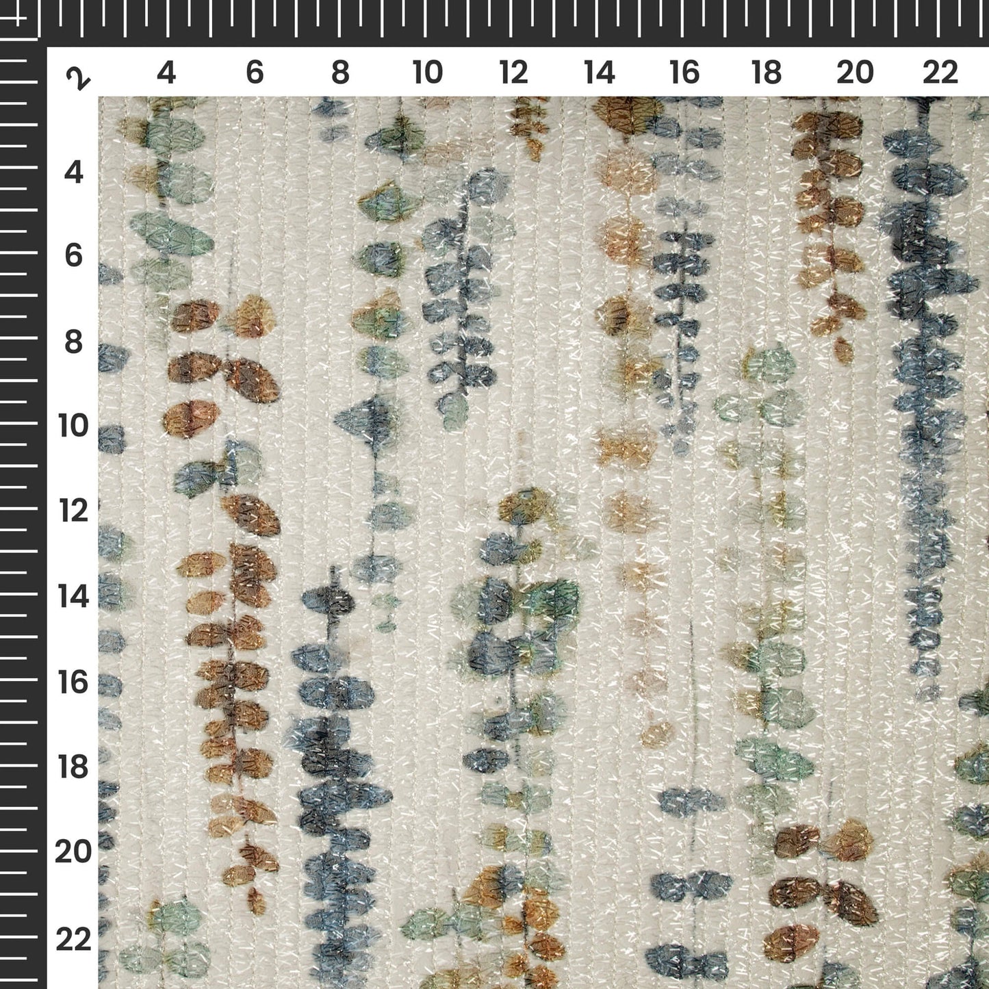 Steel Blue And Beige Leaf Digital Print Stripes Shimmer Embroidery Georgette Fabric