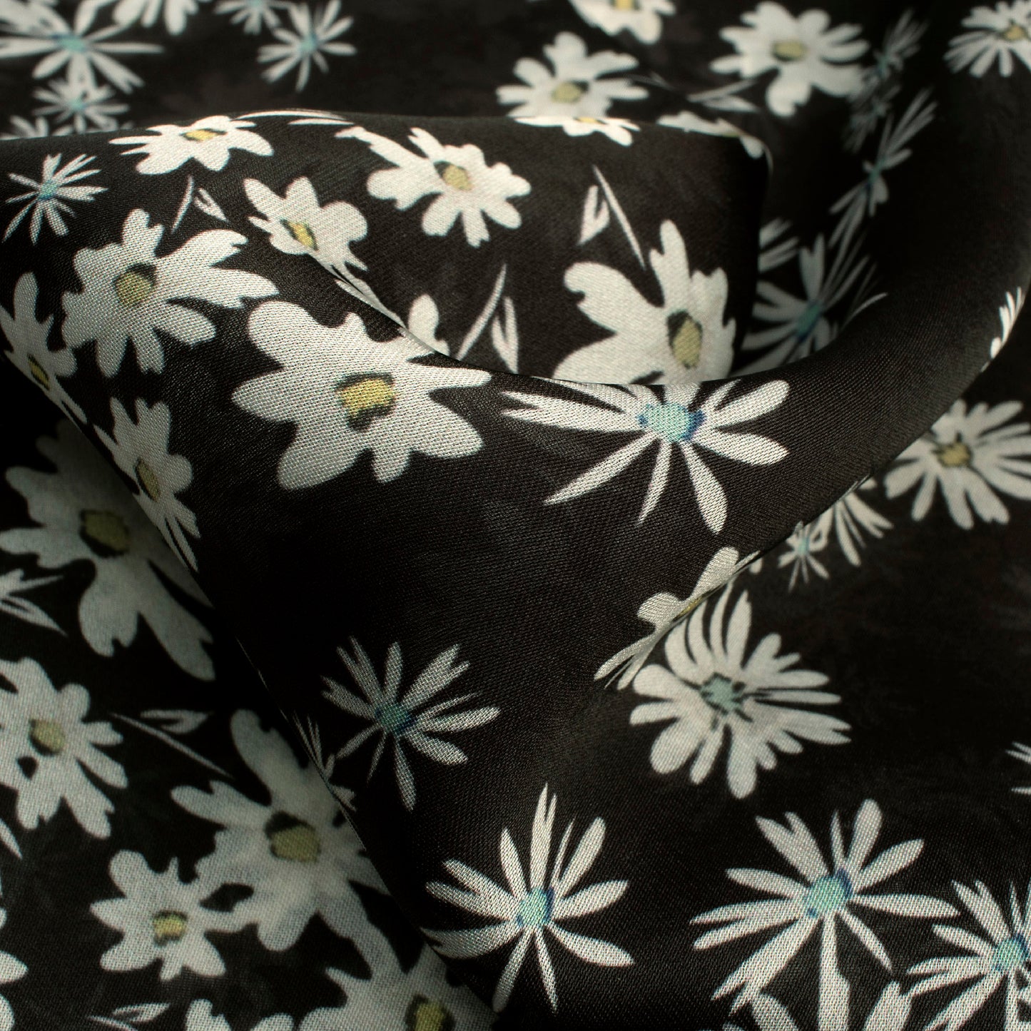 Black And White Floral Digital Print Georgette Satin Fabric
