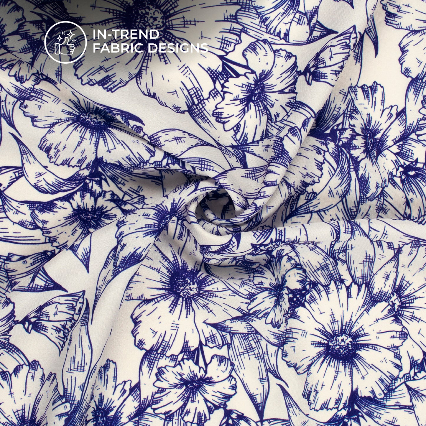 Royal Blue And White Floral Digital Print BSY Crepe Fabric